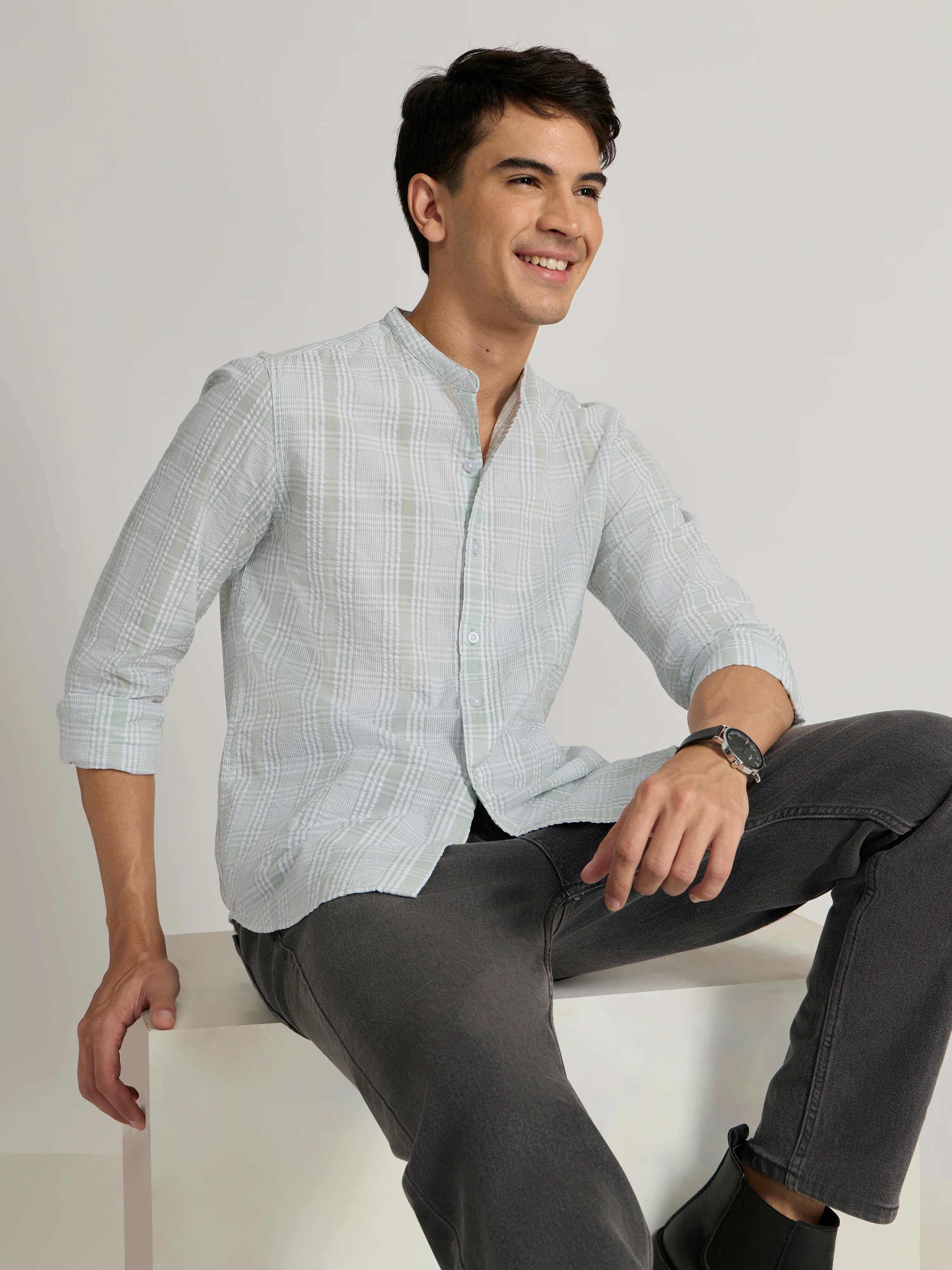 Hadrian - Band Collar Checks Shirt - Green - Image 4