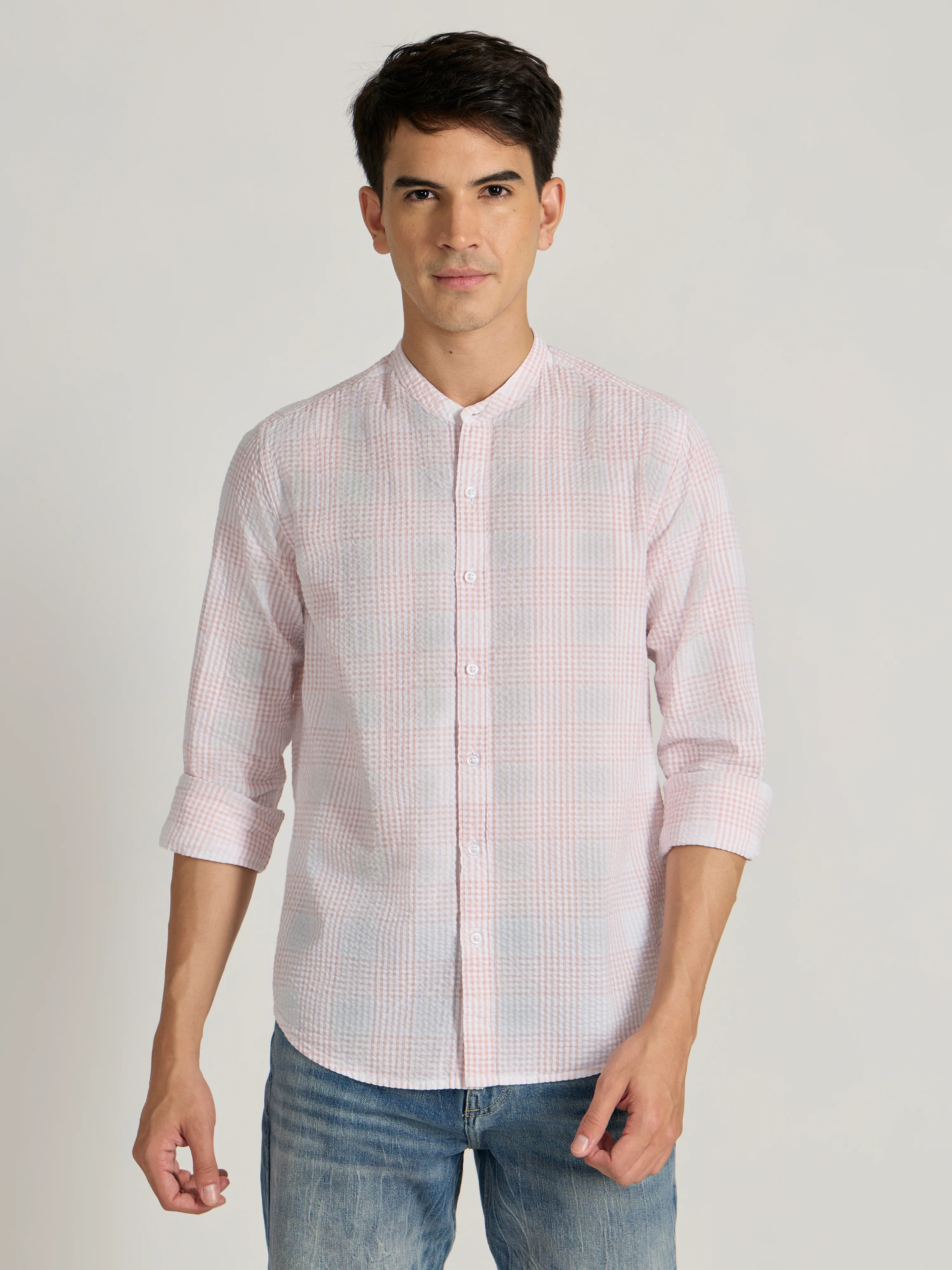 Hadrian - Band Collar Checks Shirt - Light Pink