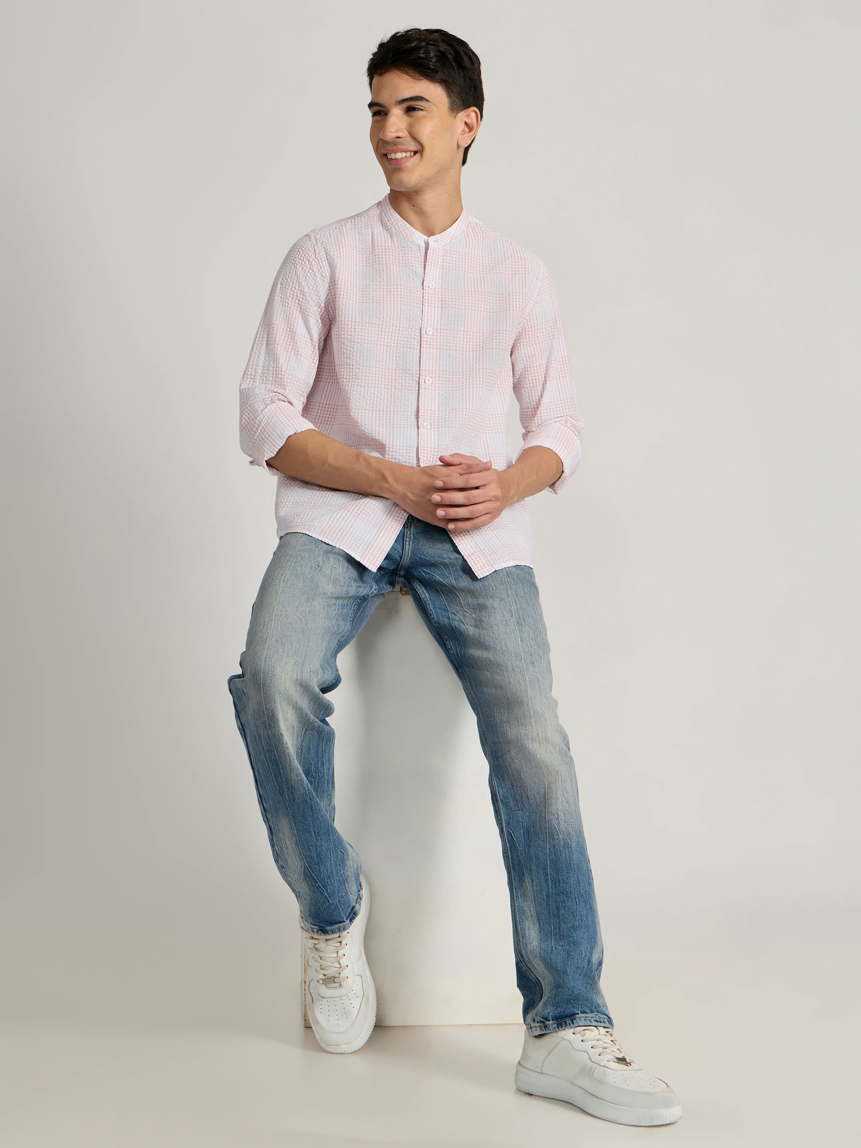 Hadrian - Band Collar Checks Shirt - Light Pink - Image 2
