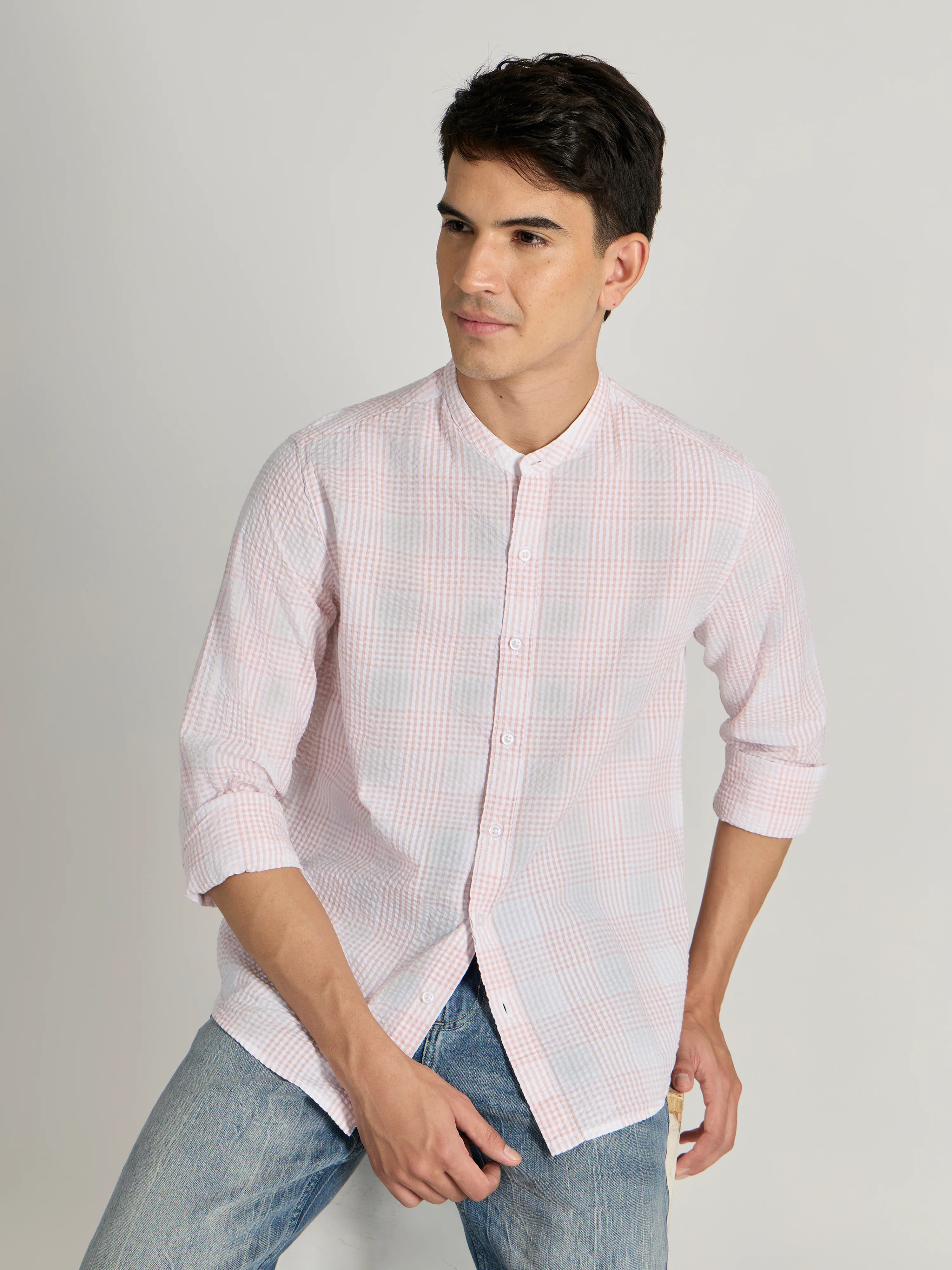 Hadrian - Band Collar Checks Shirt - Light Pink - Image 3