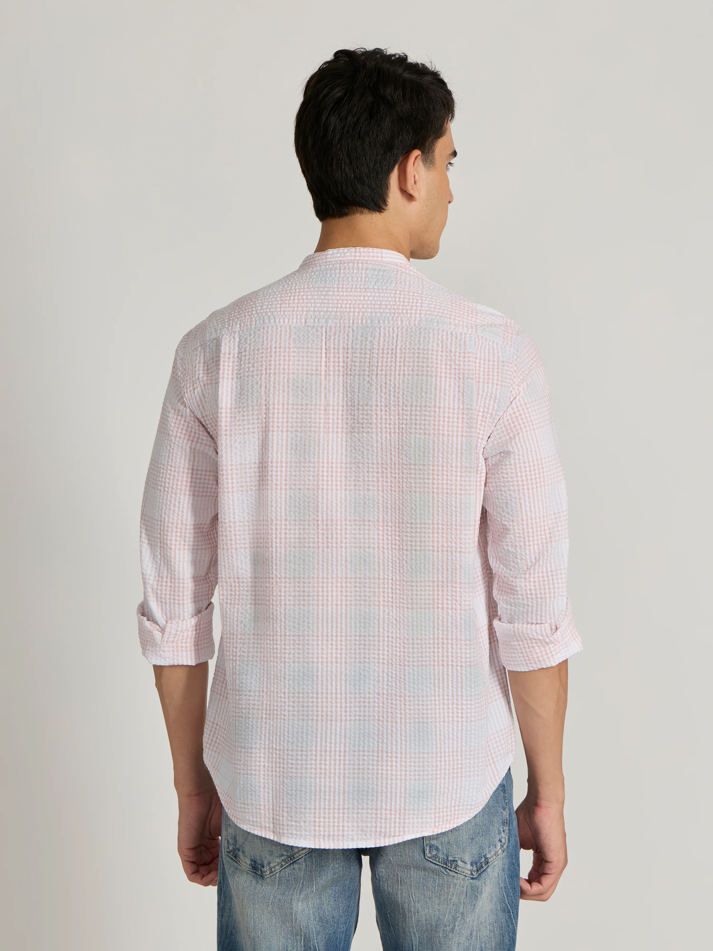 Hadrian - Band Collar Checks Shirt - Light Pink - Image 6
