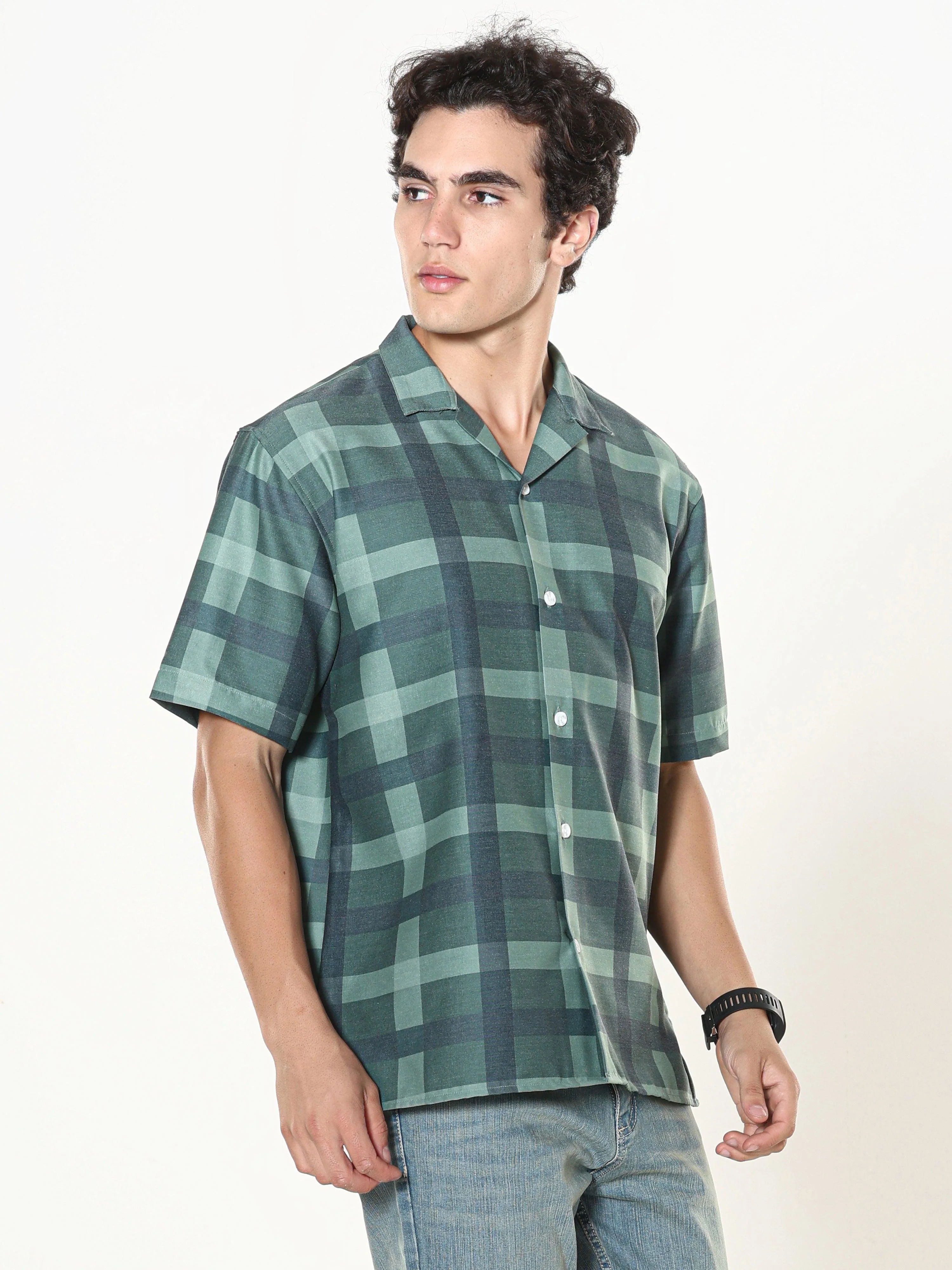 Kerenza - Checkered Lycra Shirt -Forest Green - Image 5