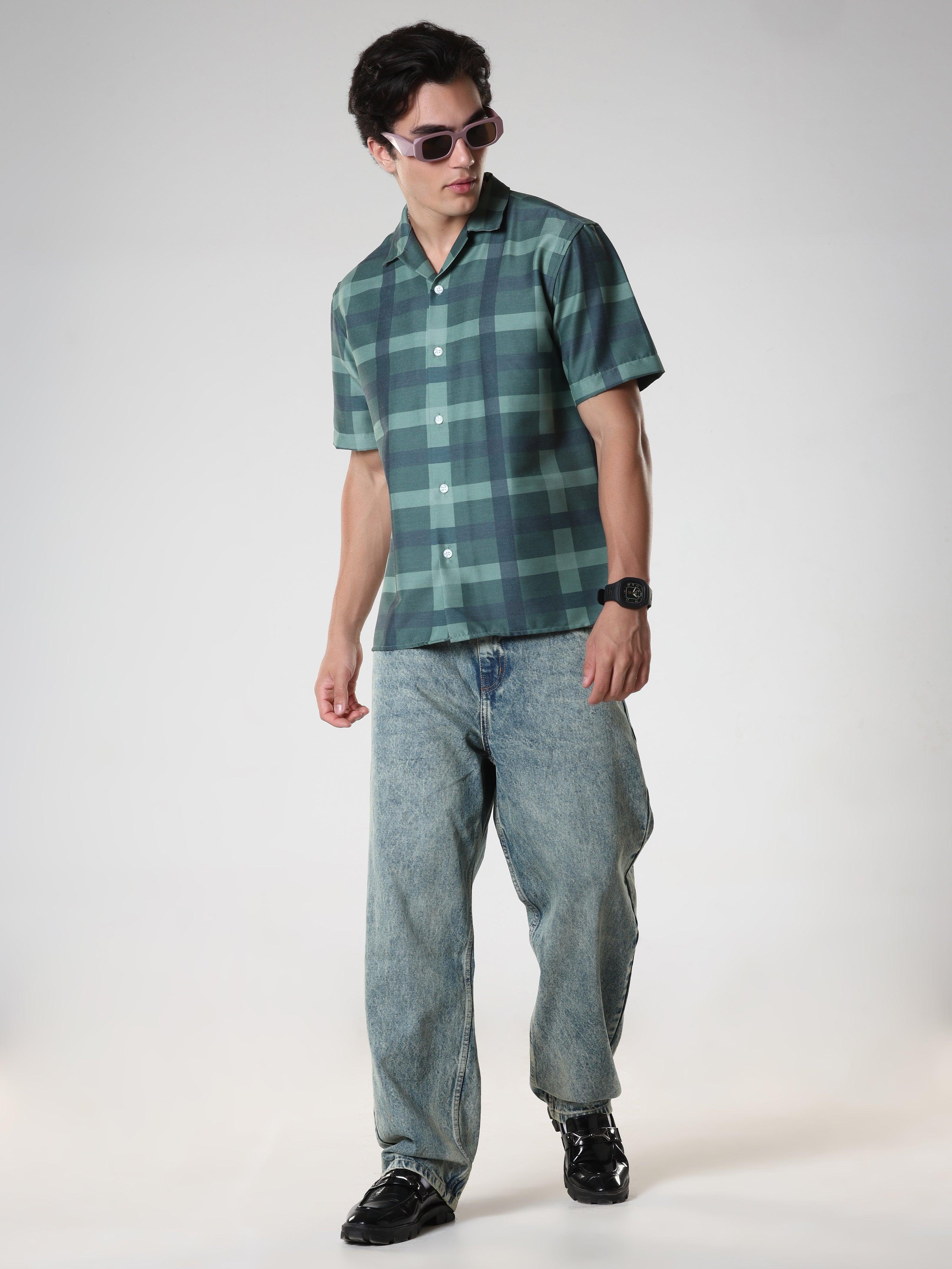 Kerenza - Checkered Lycra Shirt -Forest Green - Image 6