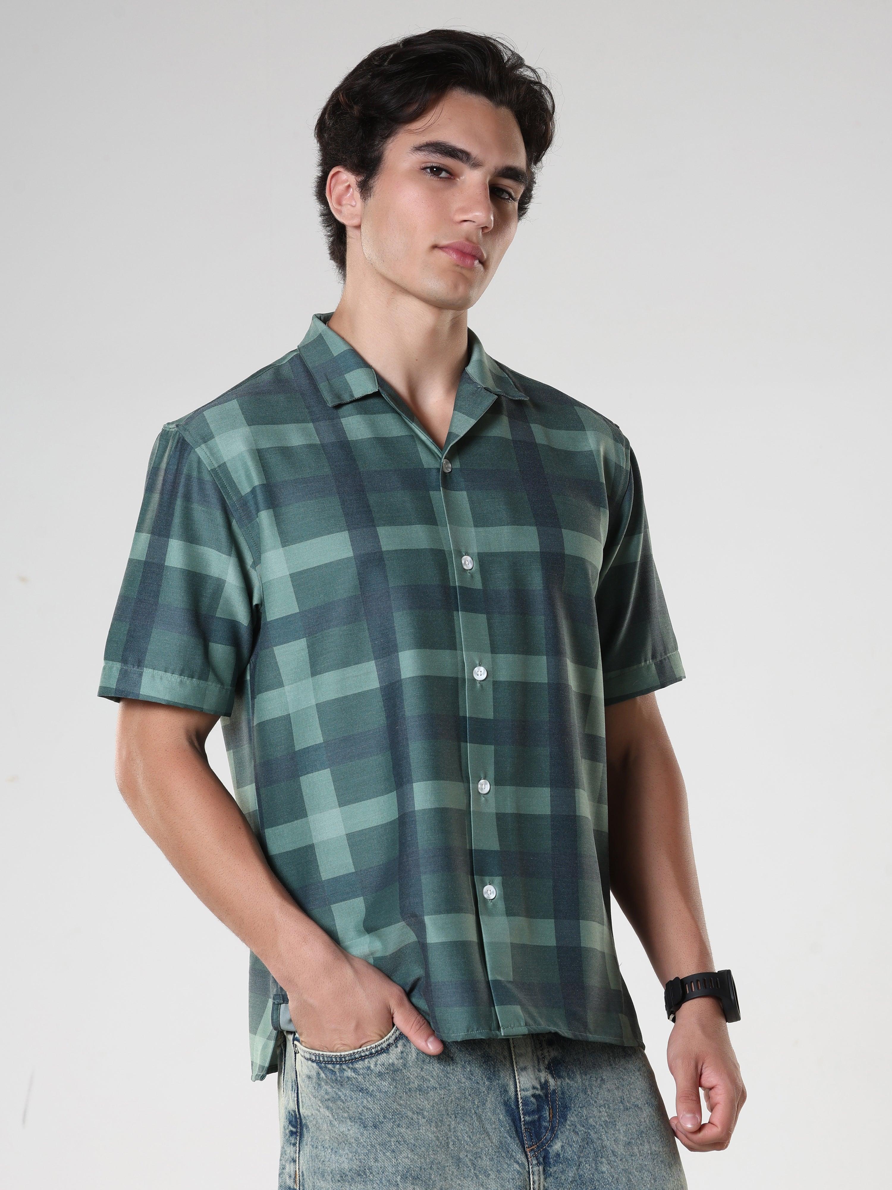 Kerenza - Checkered Lycra Shirt -Forest Green - Image 8