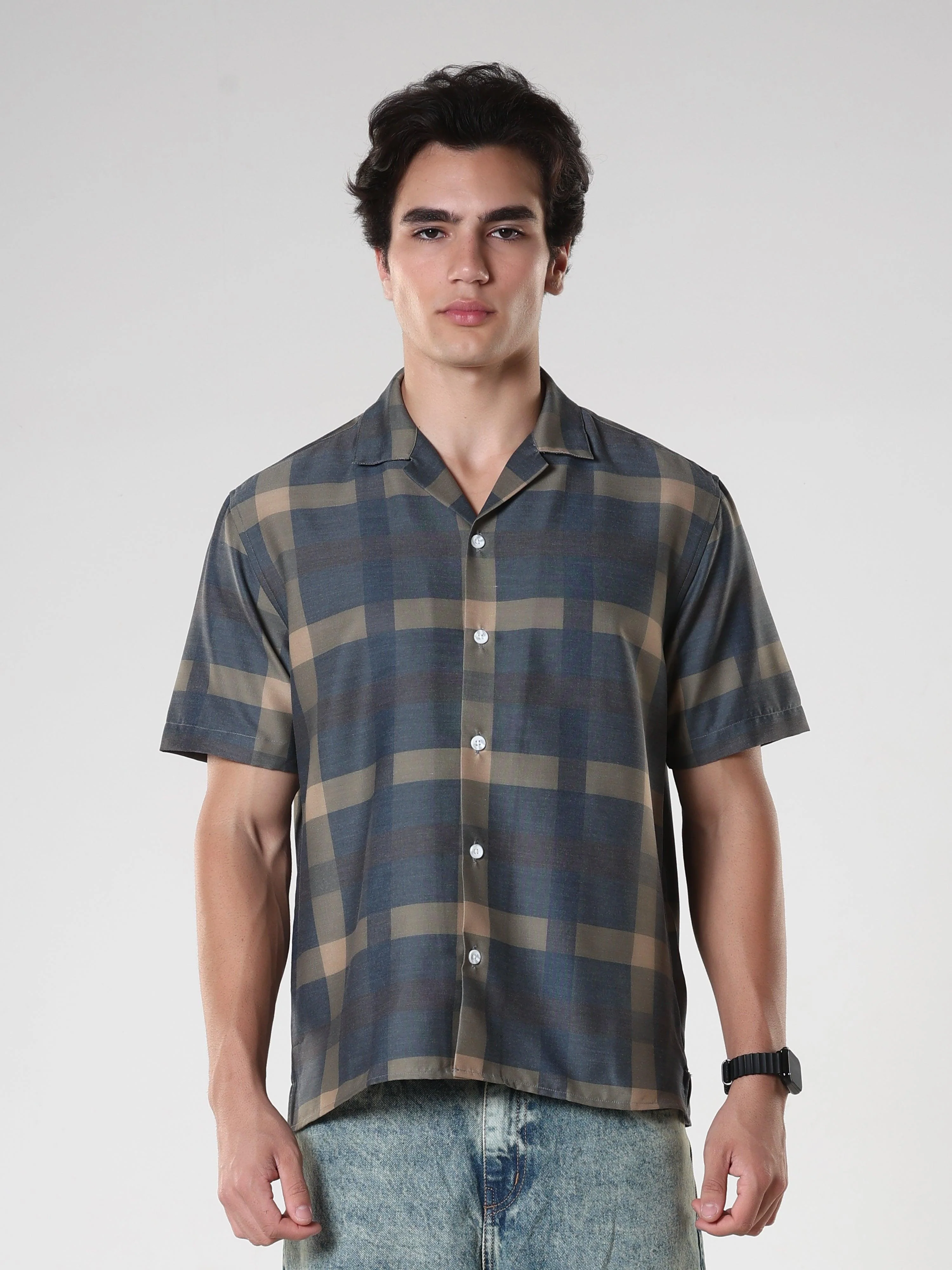 Kerenza - Checkered Lycra Shirt -Charcoal - Image 5