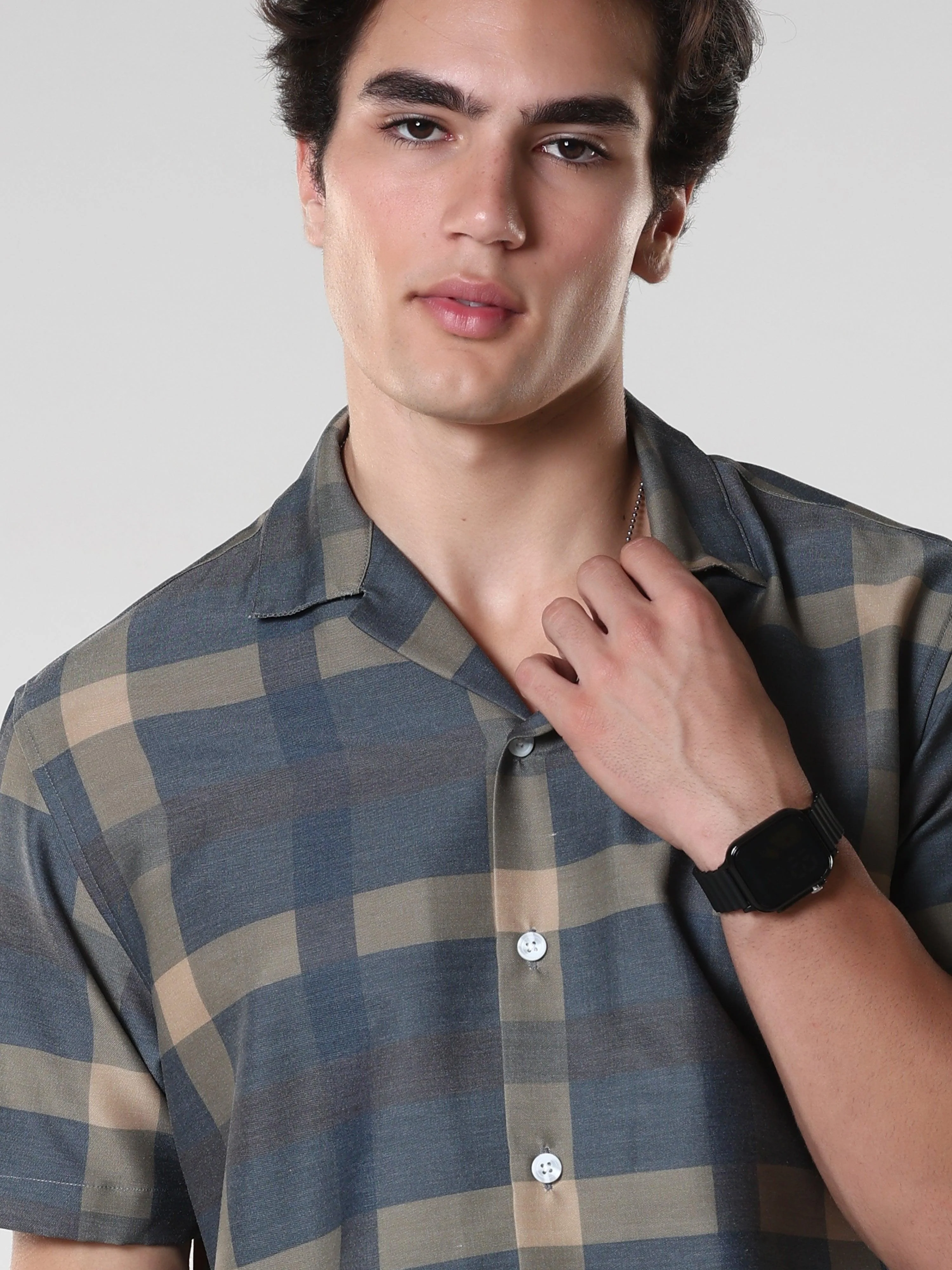 Kerenza - Checkered Lycra Shirt -Charcoal - Image 7