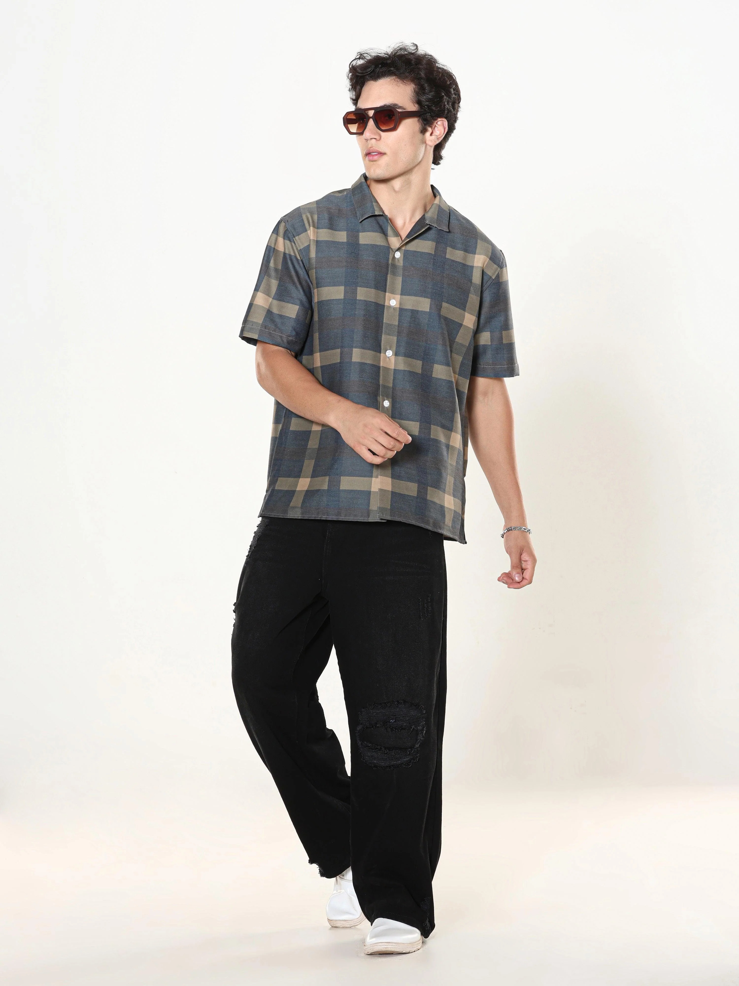 Kerenza - Checkered Lycra Shirt -Charcoal - Image 8