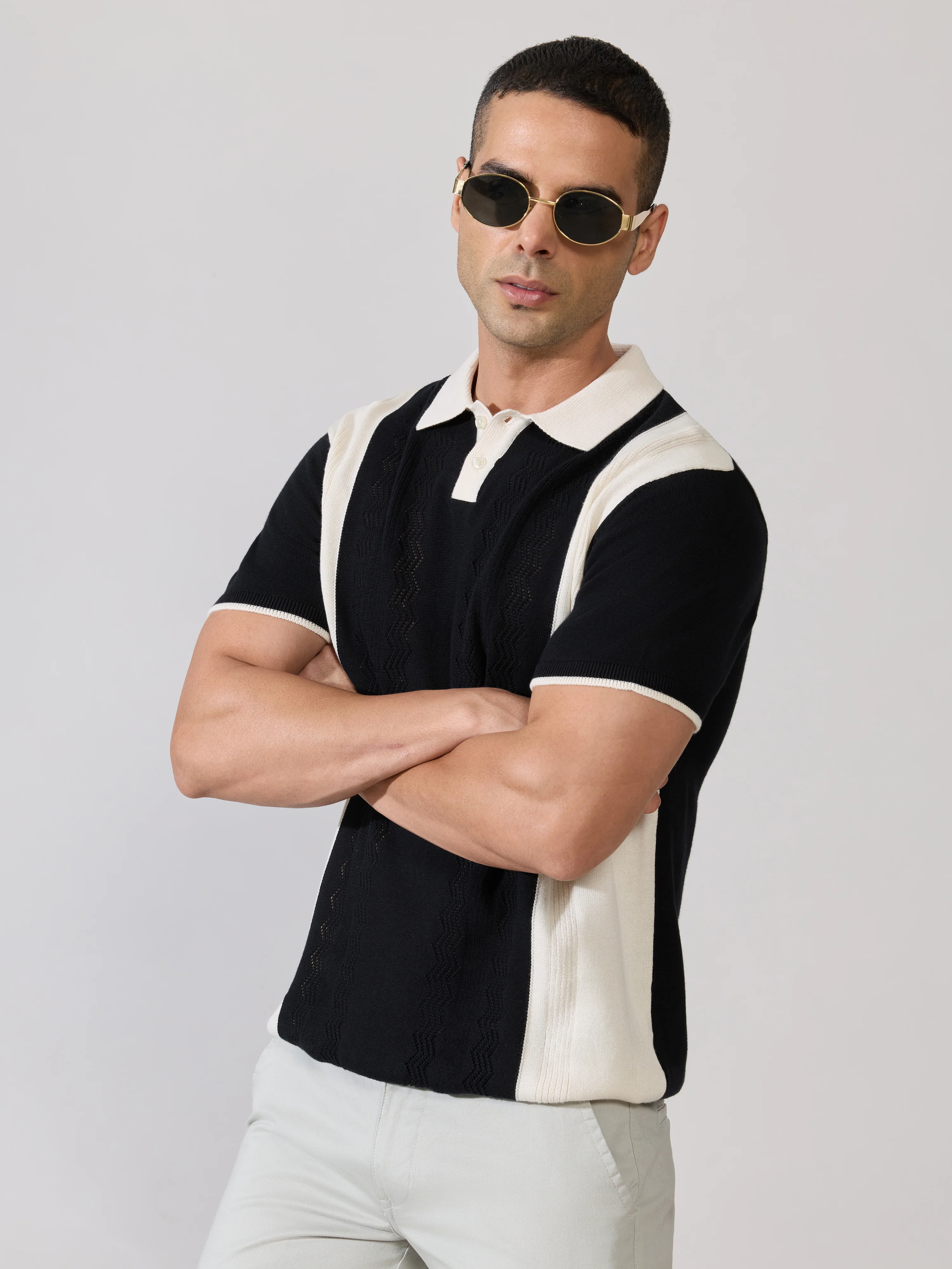 Kikeos-1 - Regular Fit Textured Knit Polo T-Shirt - Black & Cream
