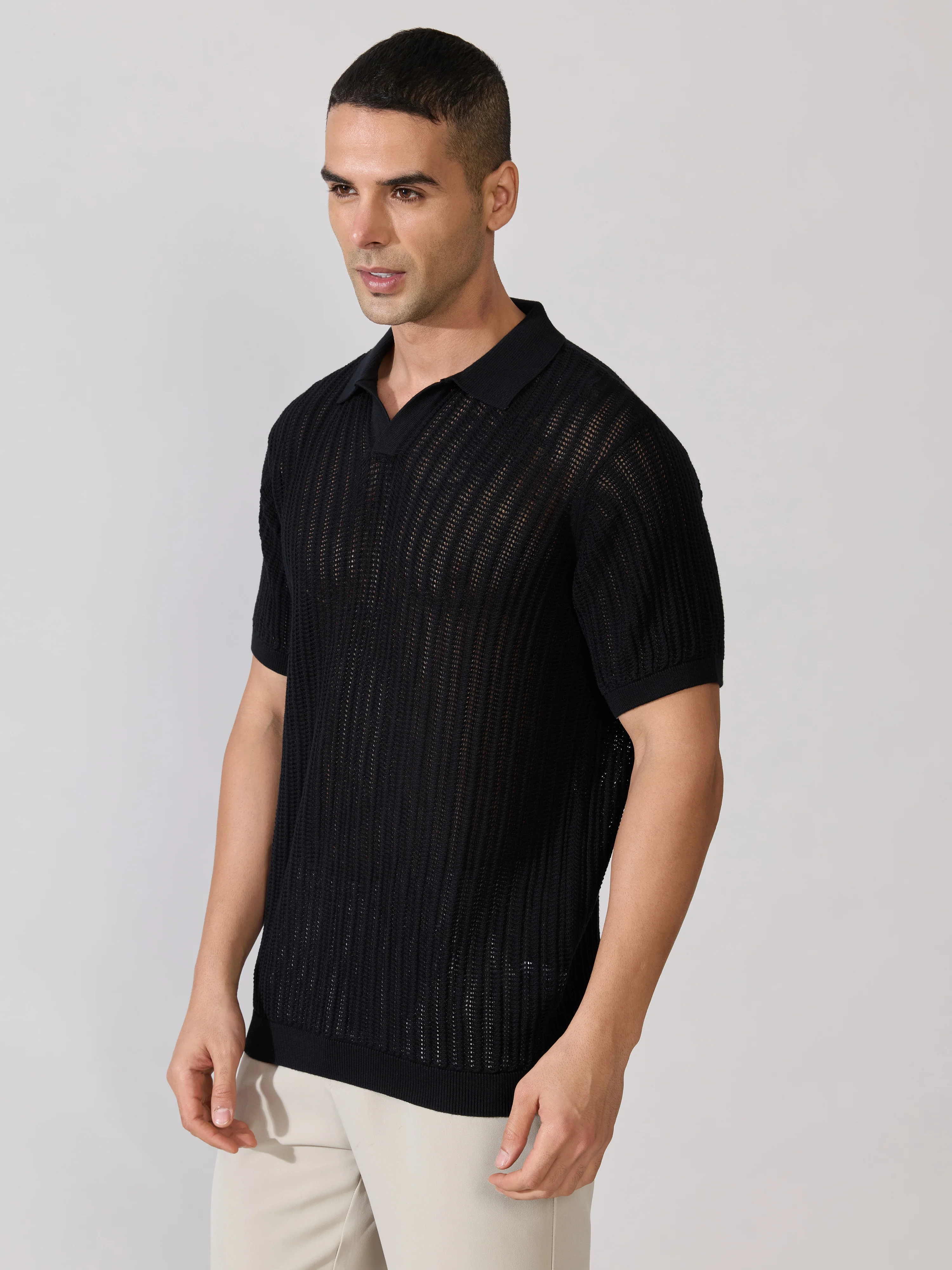 Kikeos-2 - Regular Fit Open Knit Polo T-Shirt - Black - Image 2