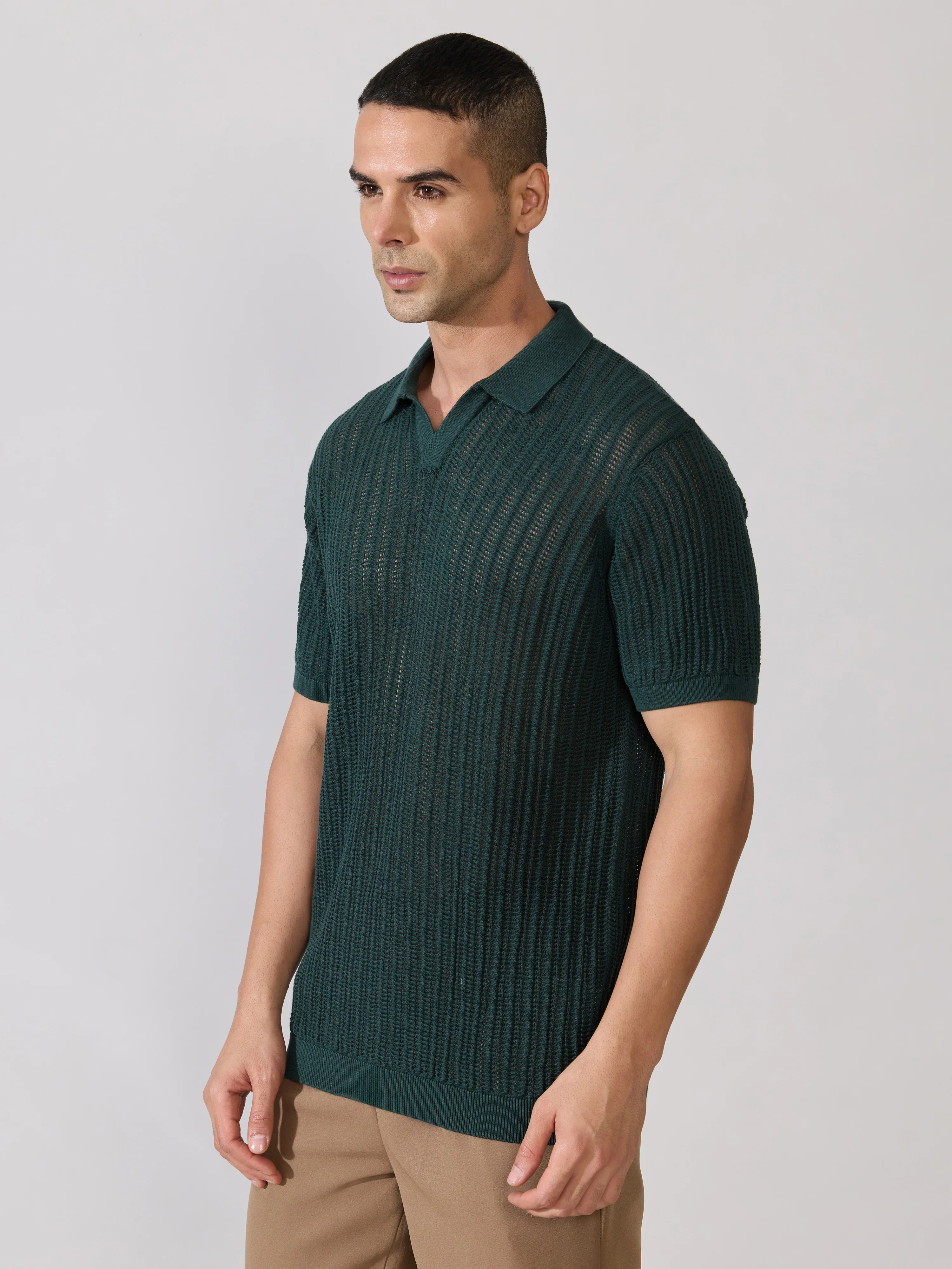 Kikeos-2 - Regular Fit Open Knit Polo T-Shirt - Green - Image 2
