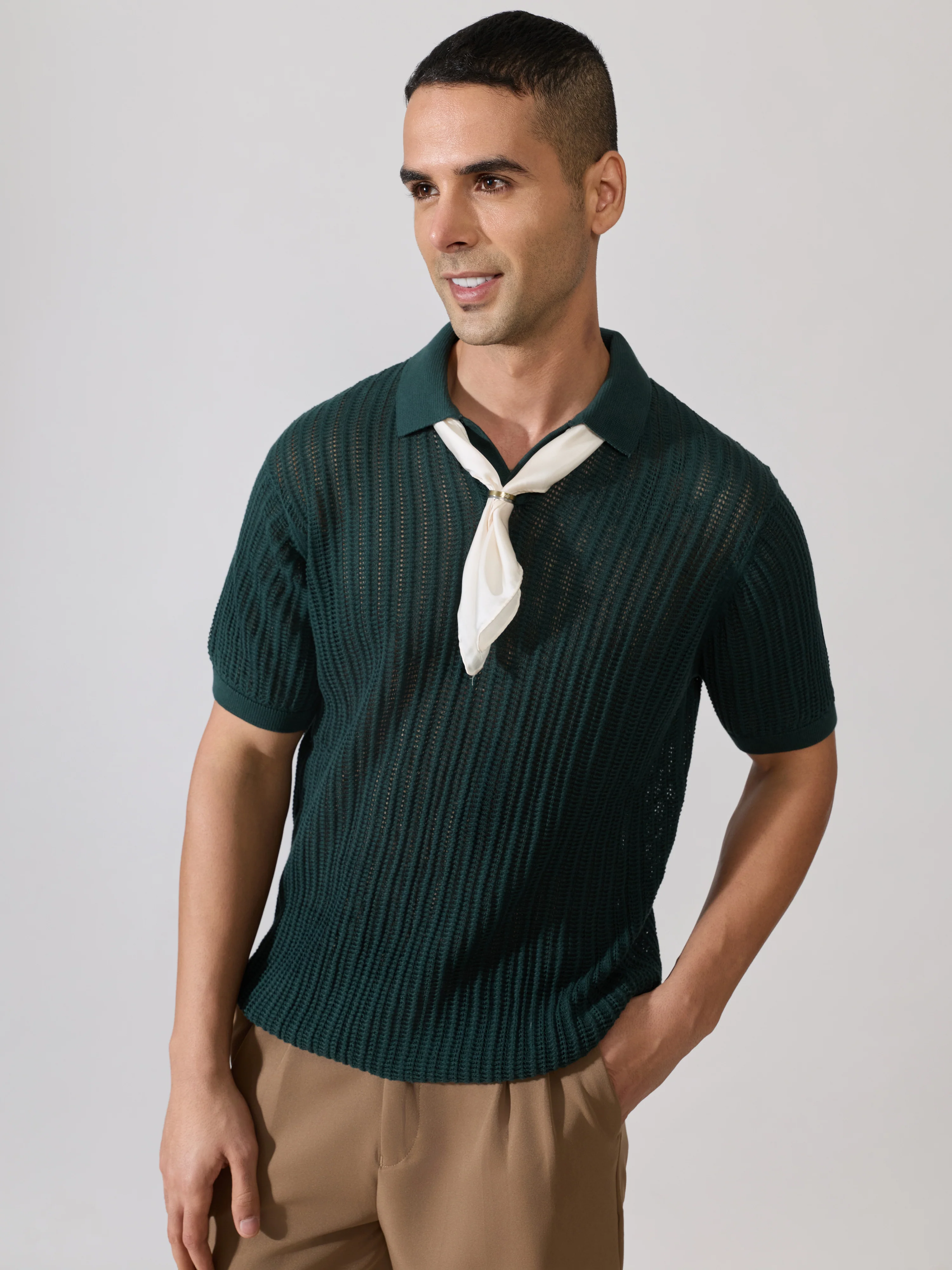 Kikeos-2 - Regular Fit Open Knit Polo T-Shirt - Green - Image 4
