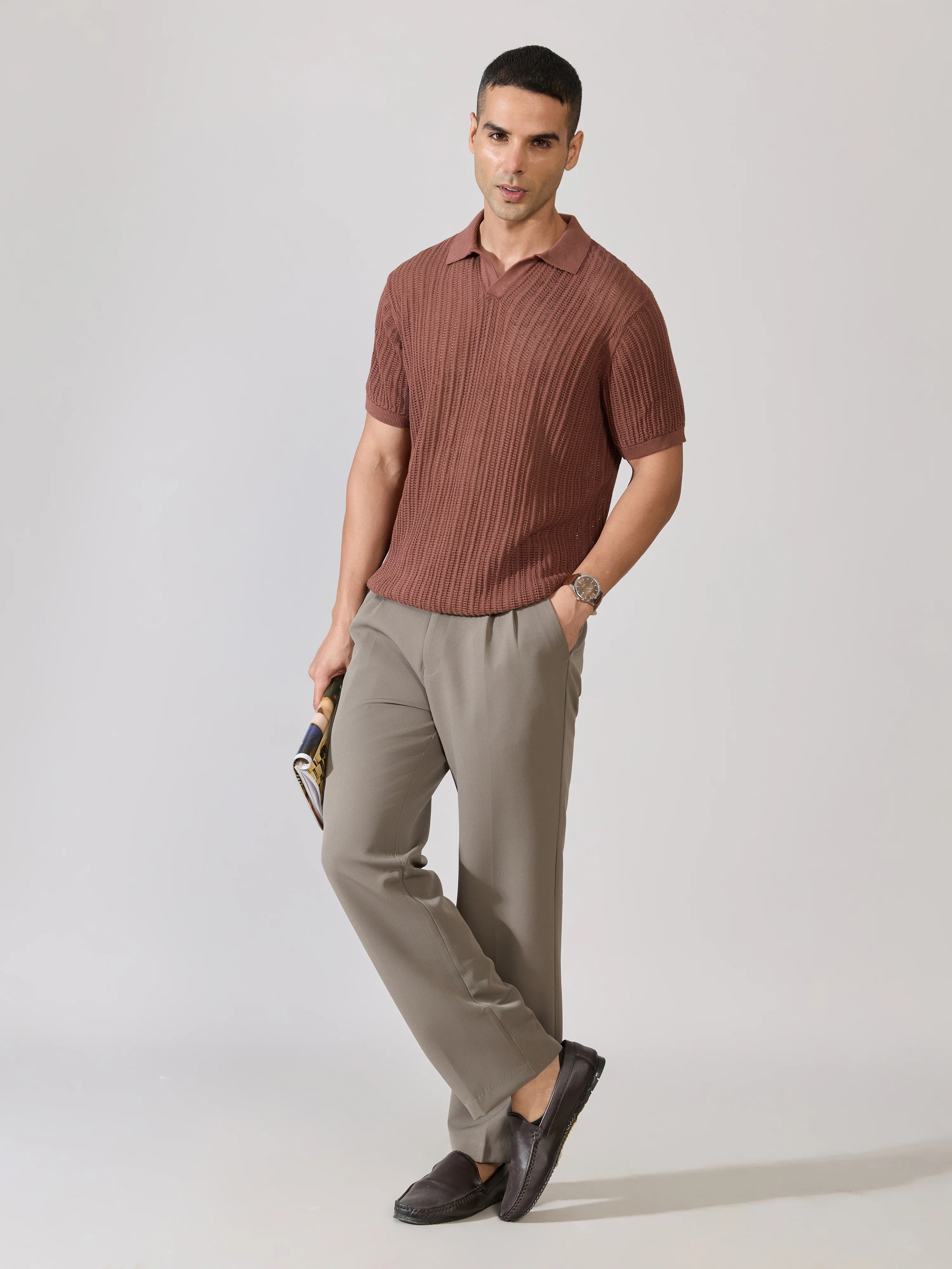 Kikeos-2 - Regular Fit Open Knit Polo T-Shirt - Root Beer