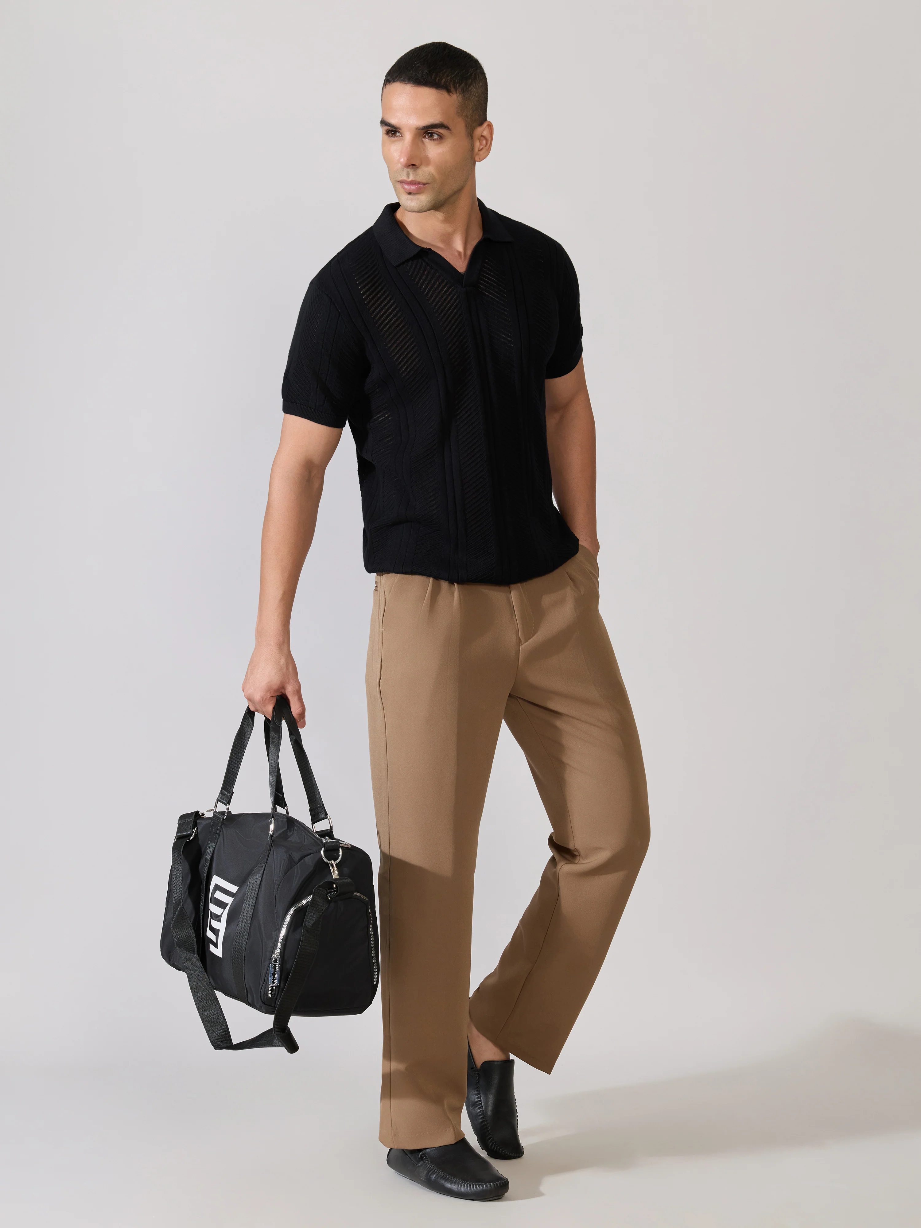 Kikeos-3 - Regular Fit Textured Open Knit Polo T-Shirt - Black - Image 2