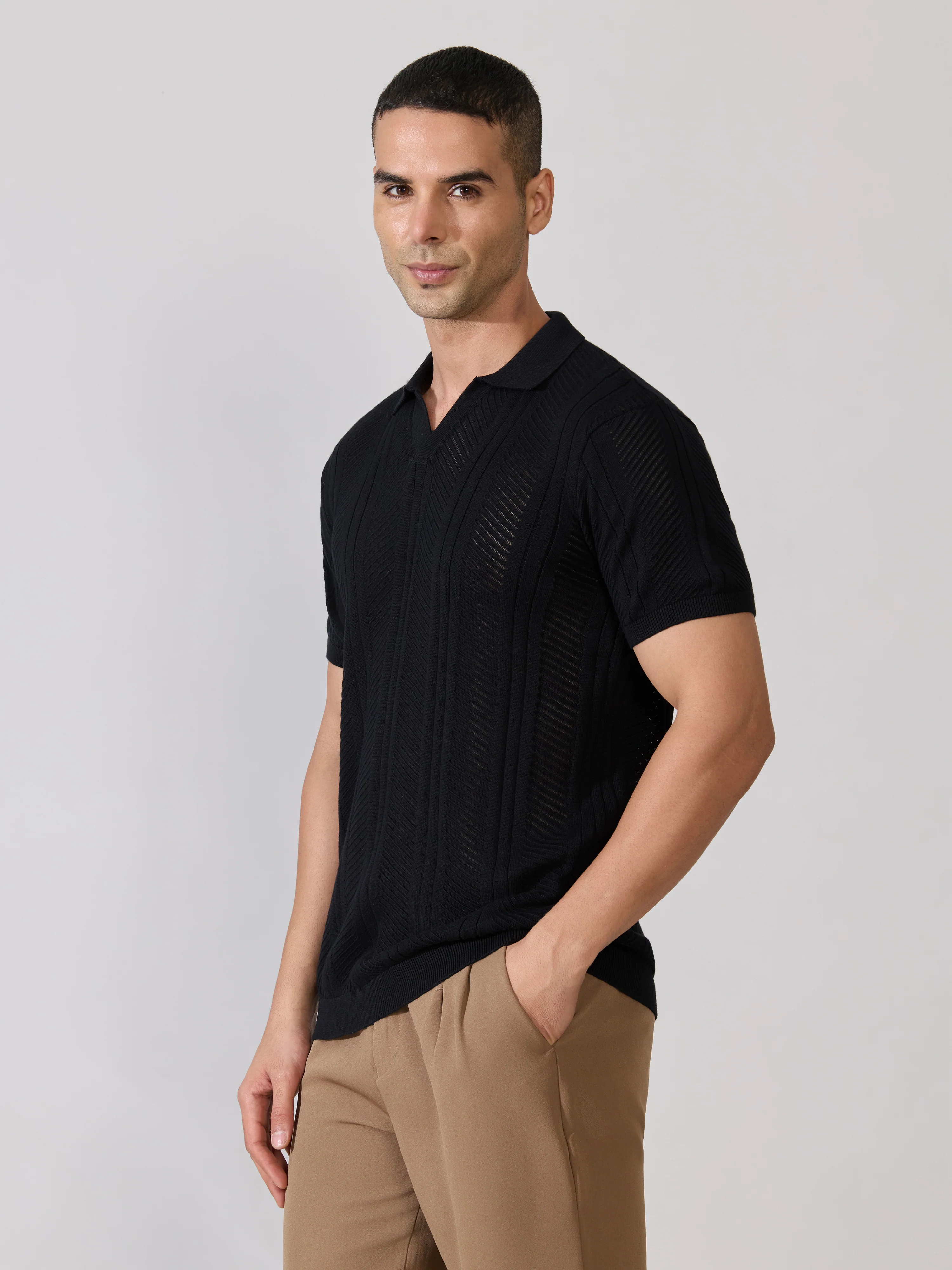 Kikeos-3 - Regular Fit Textured Open Knit Polo T-Shirt - Black - Image 4