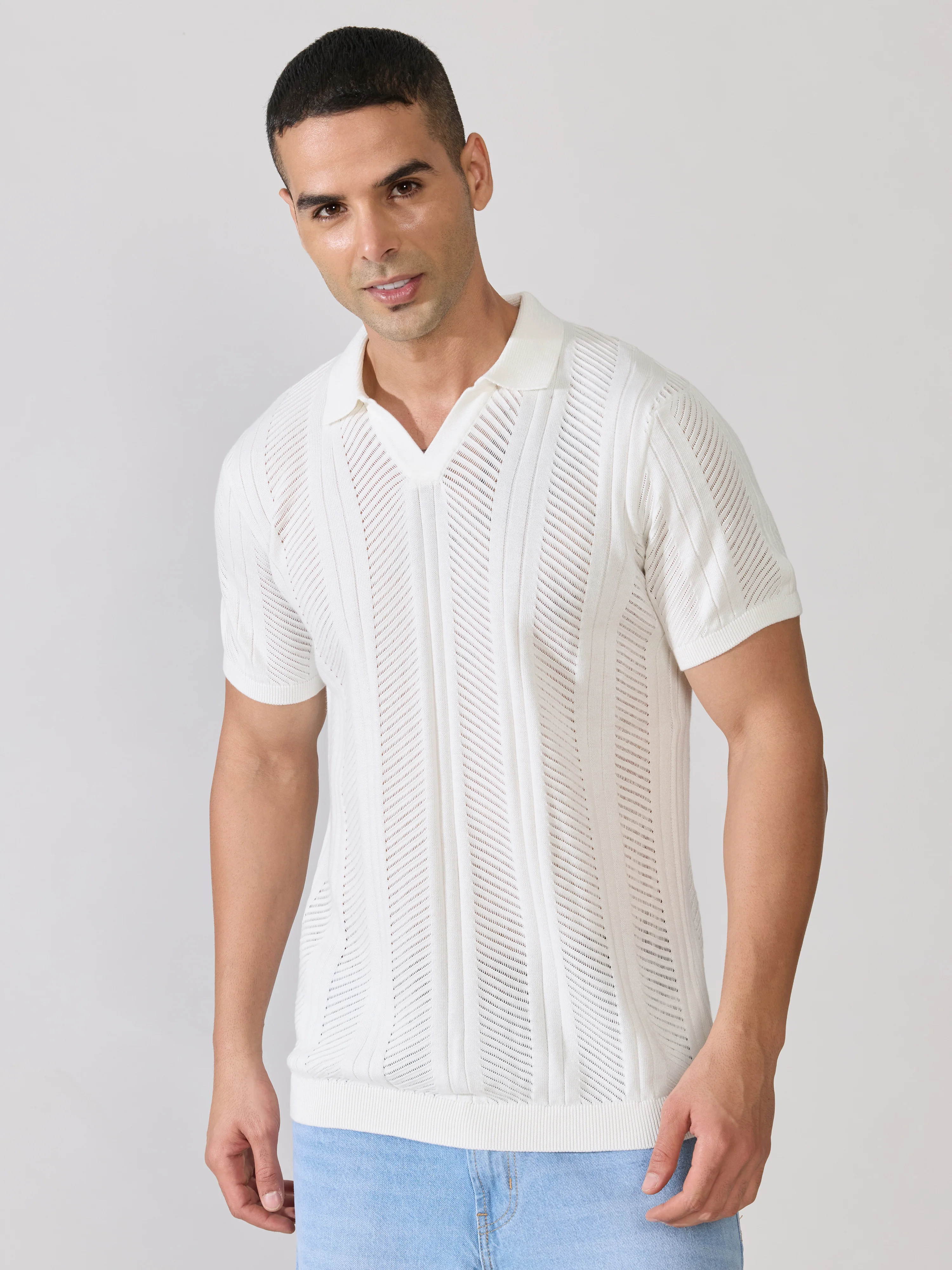 Kikeos-3 - Regular Fit Textured Open Knit Polo T-Shirt - White - Image 5