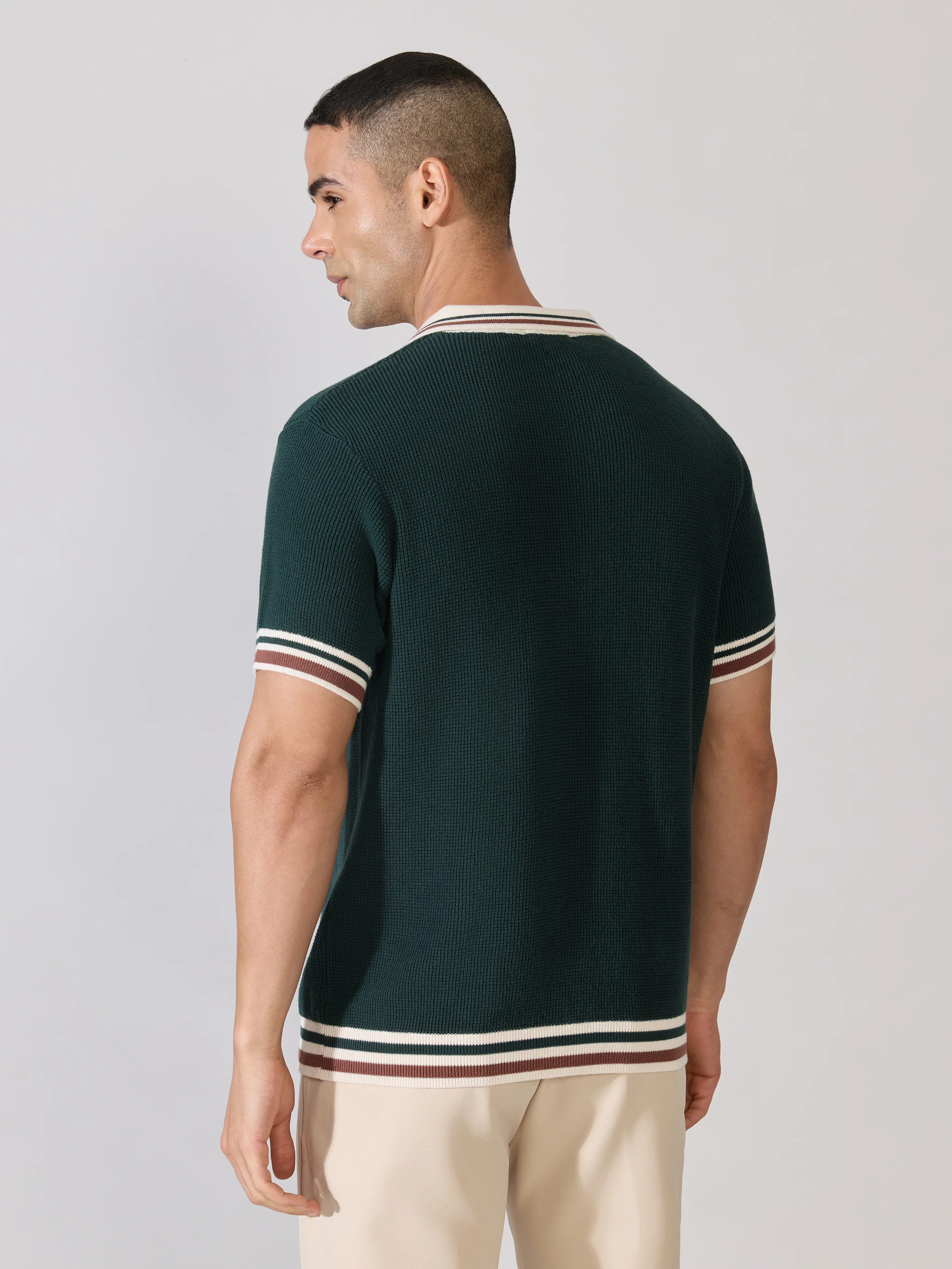 Kikeos-4 - Regular Fit Contrast Collar Knit Polo T-Shirt - Green - Image 6