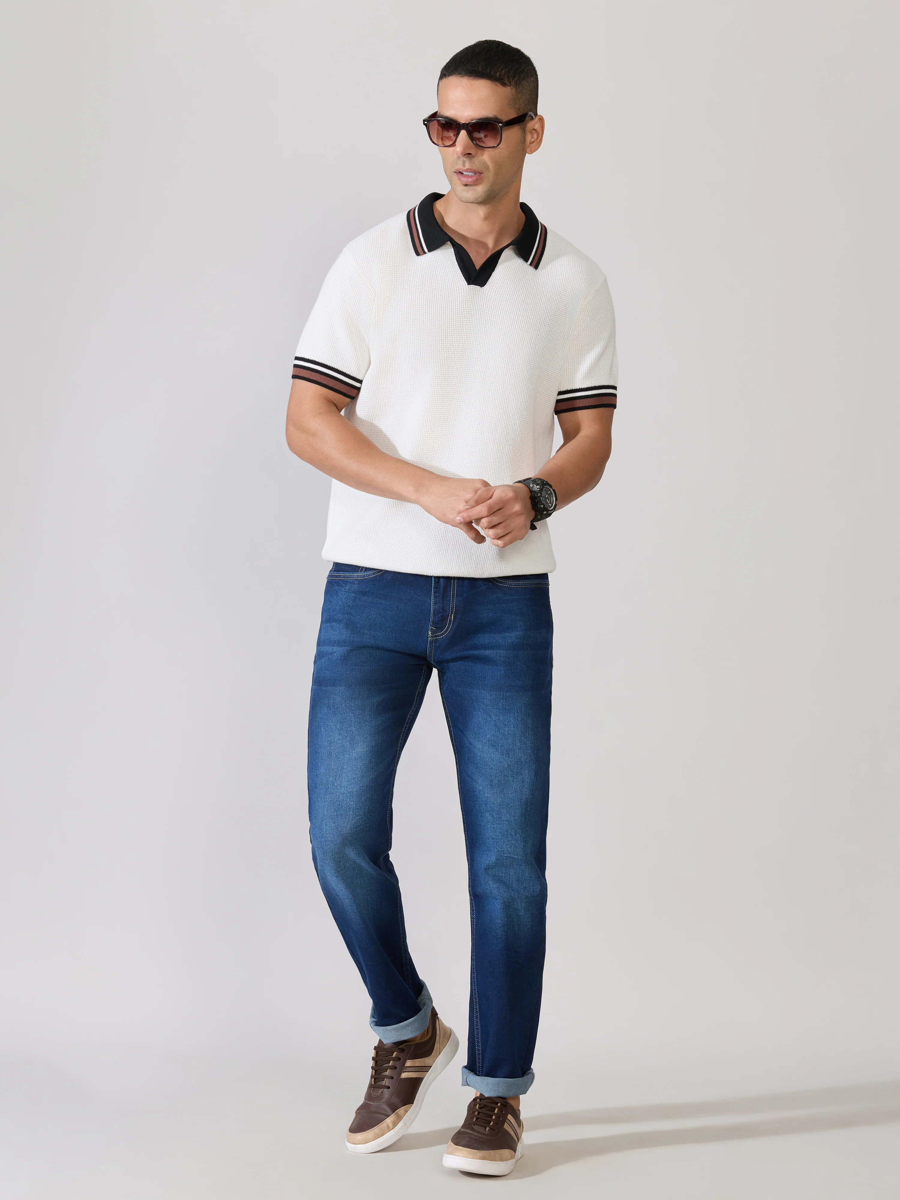 Kikeos-4 - Regular Fit Contrast Collar Knit Polo T-Shirt - White - Image 2