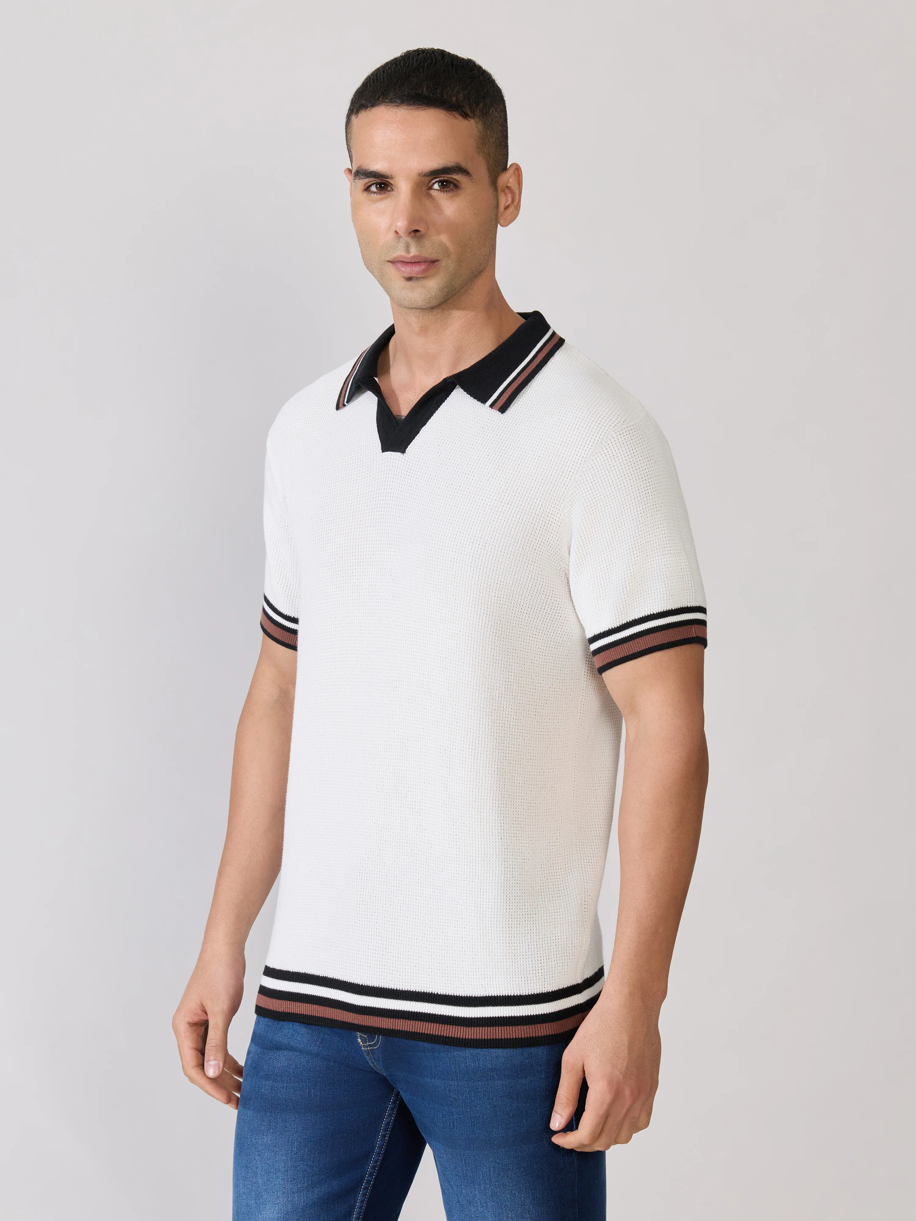 Kikeos-4 - Regular Fit Contrast Collar Knit Polo T-Shirt - White - Image 5