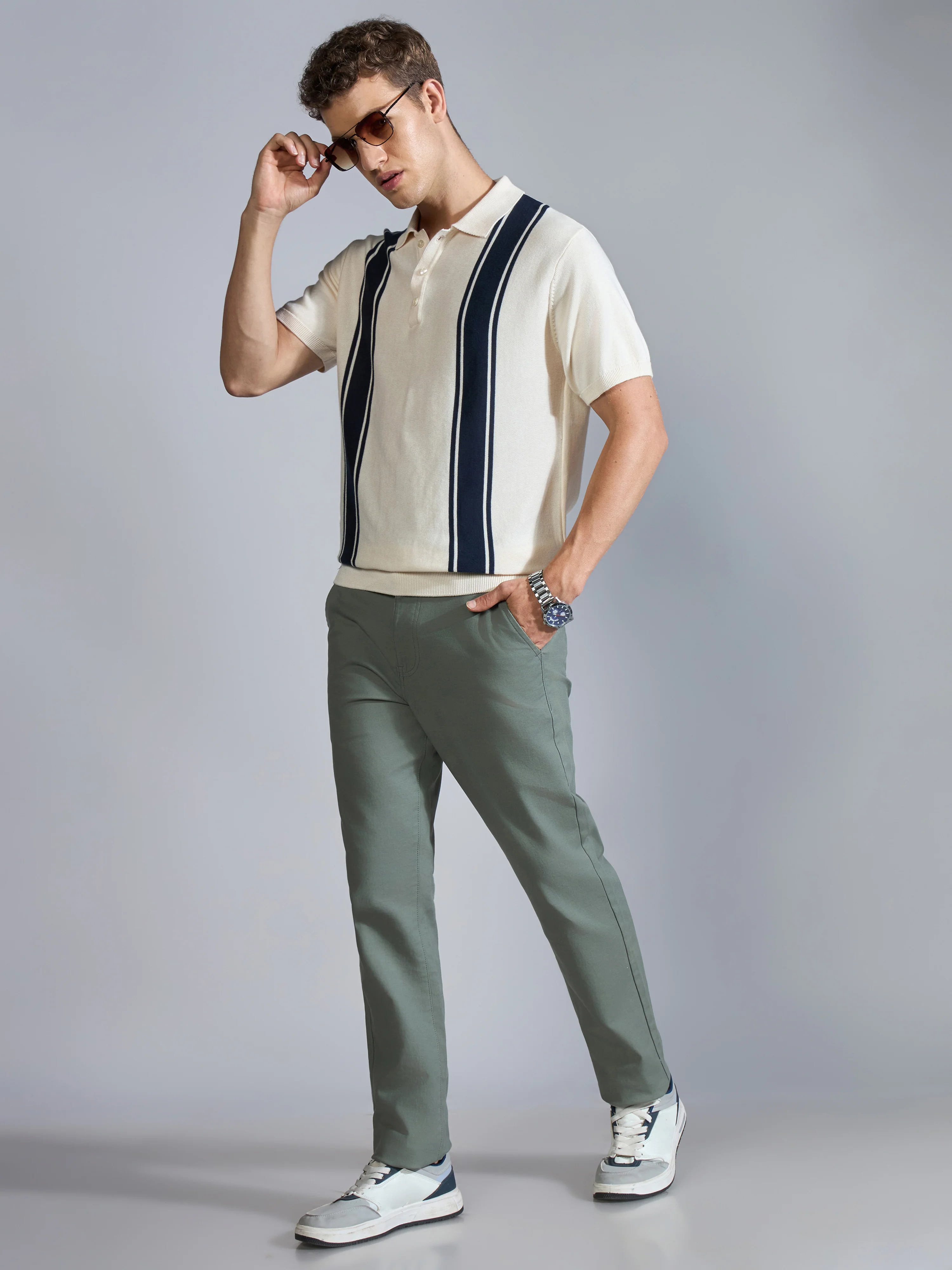Kikeos-5 - Regular Fit Vertical Stripe Knit Polo T-Shirt - Cream - Image 2
