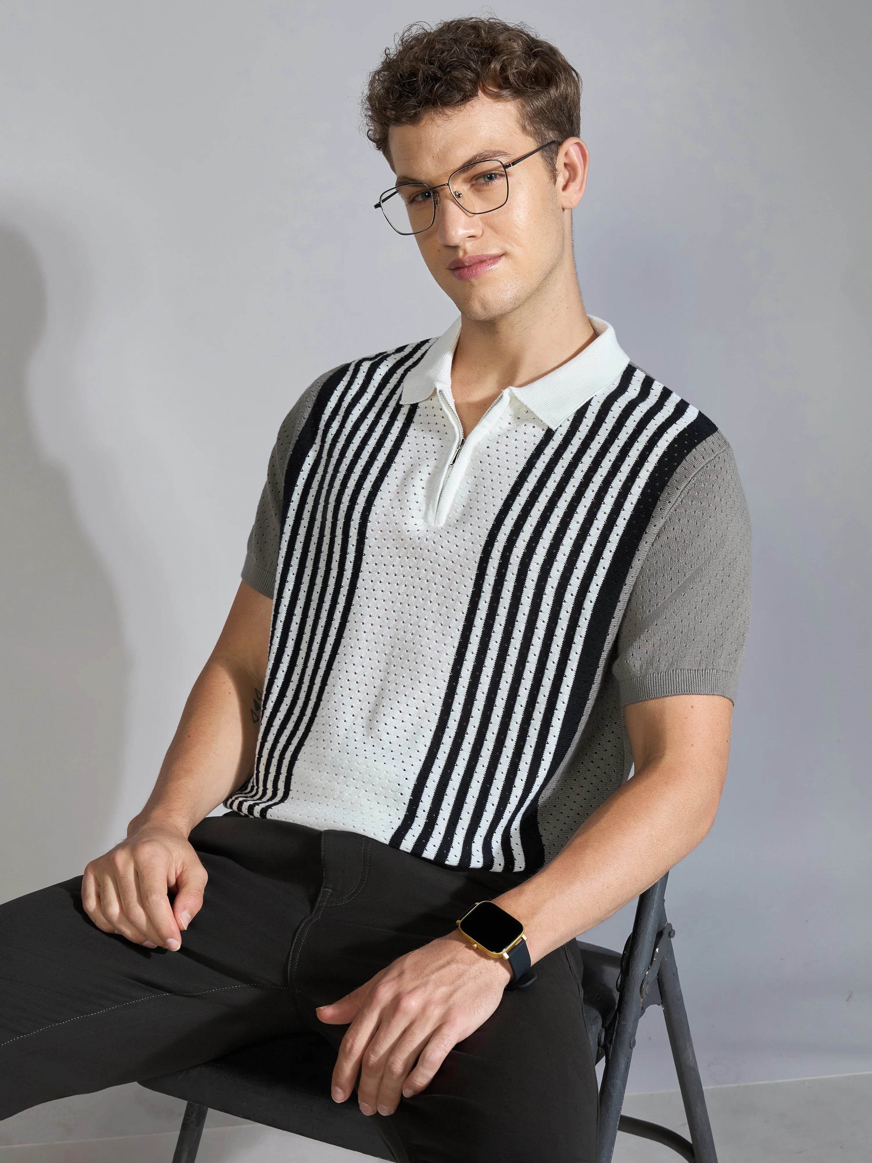 Kikeos-6 - Regular Fit Half Zip Stripe Knit Polo T-Shirt - Brushed Nickel
