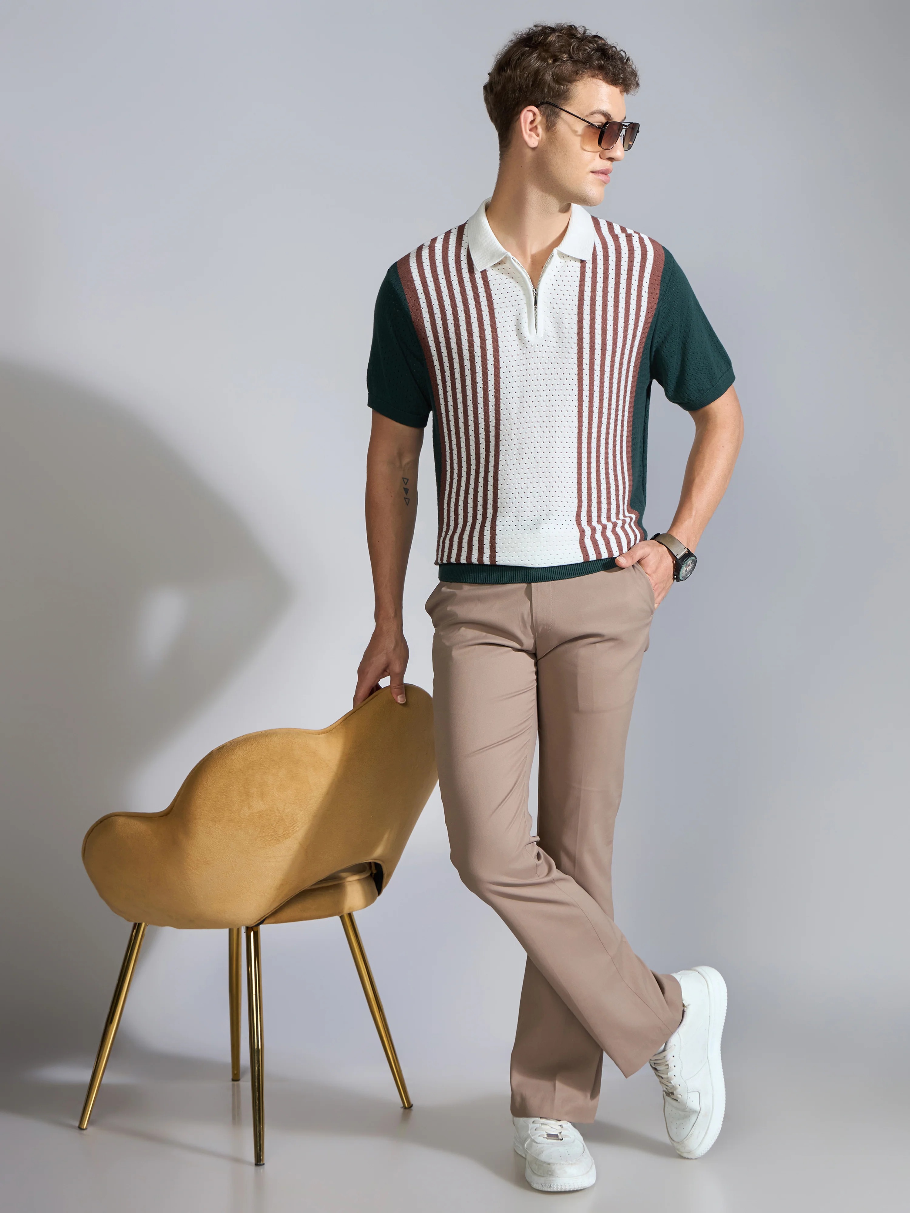 Kikeos-6 - Regular Fit Half Zip Stripe Knit Polo T-Shirt - Green - Image 2