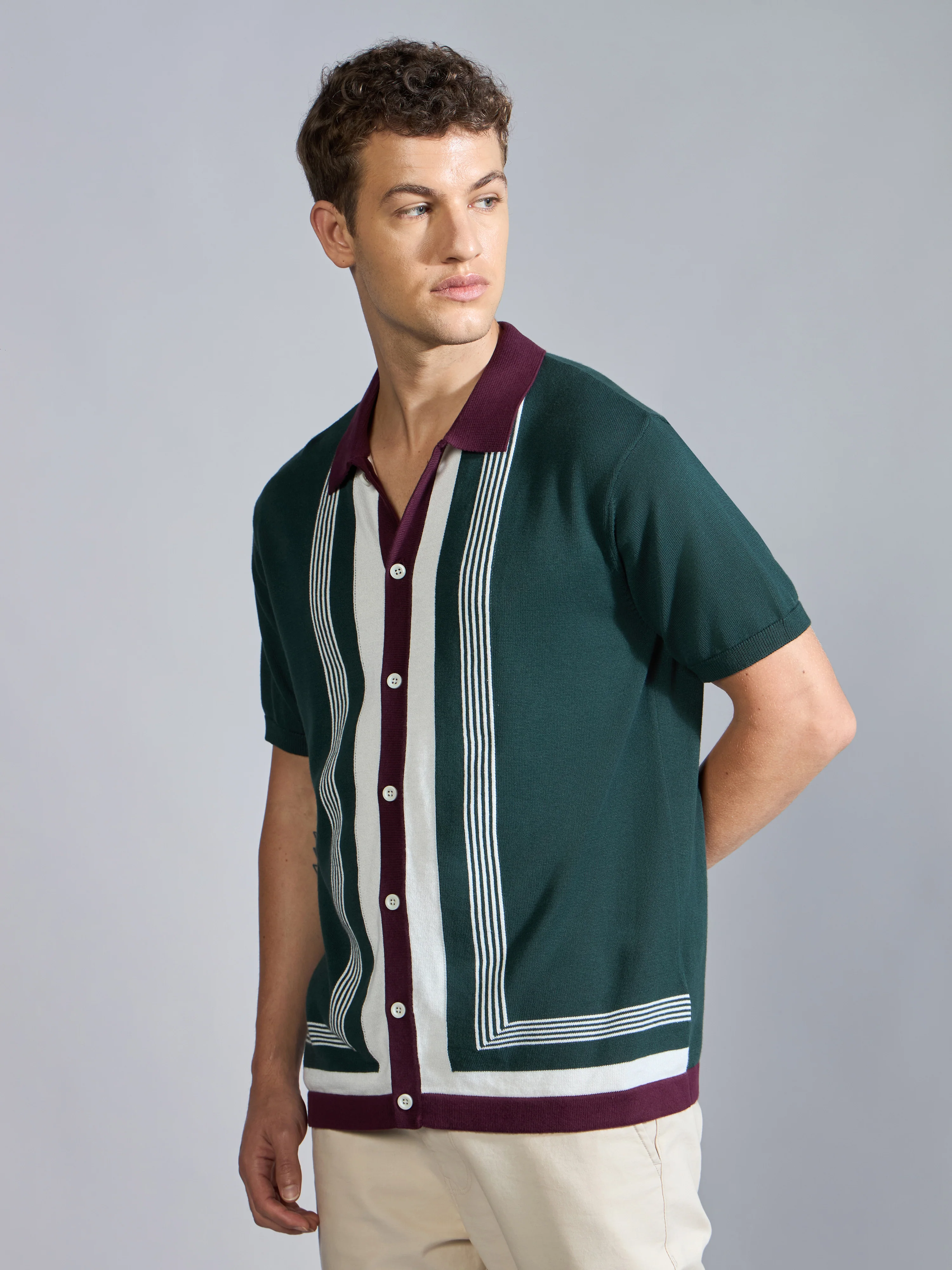 Kikeos-7 - Regular Fit Dual-Tone Retro Stripe Design Knit Polo Shirt - Green - Image 5