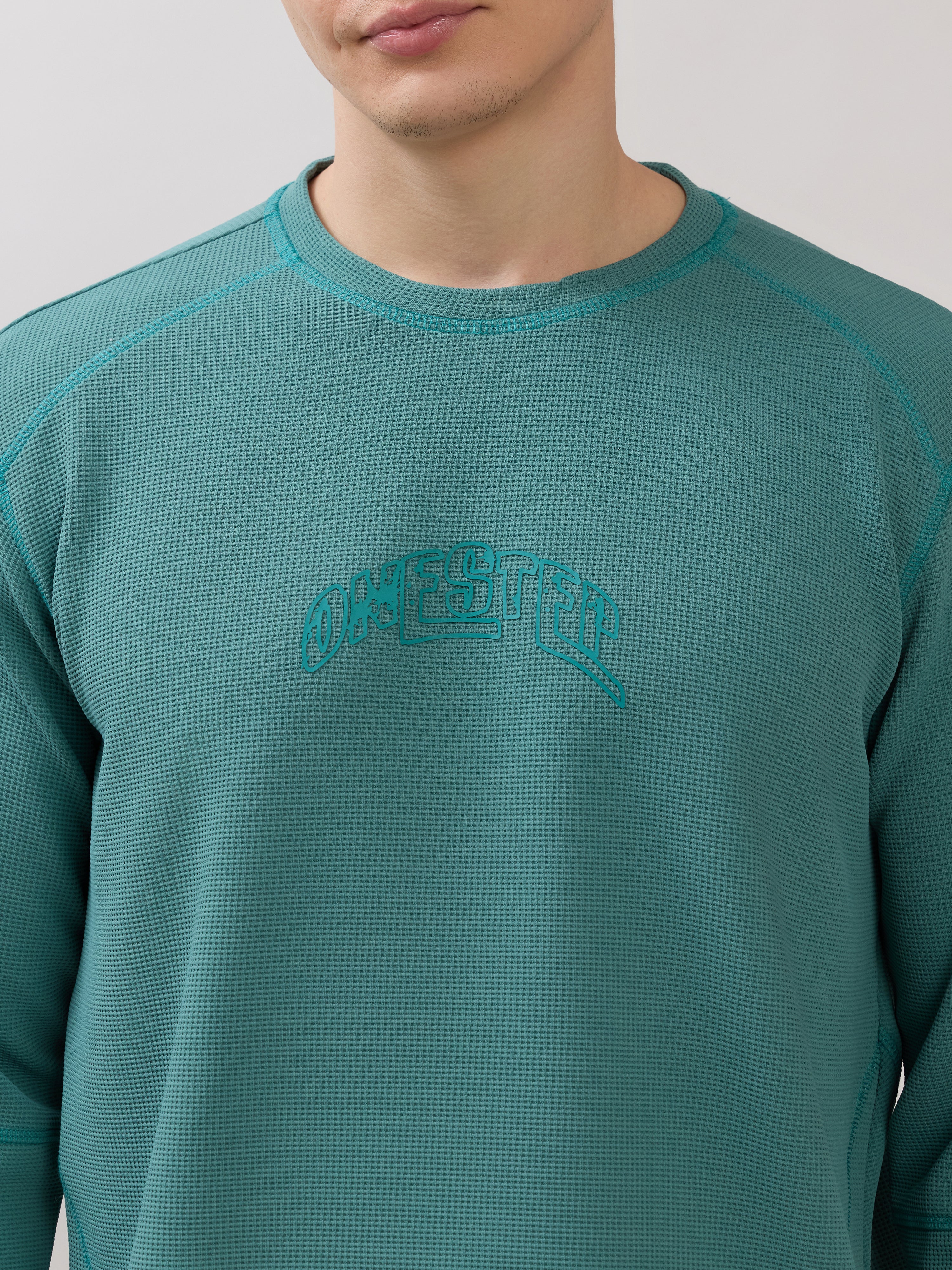 Kinoia - Onstep Printed Contrast-Stitch Relaxed Sweatshirt -  Teal Blue - Image 3