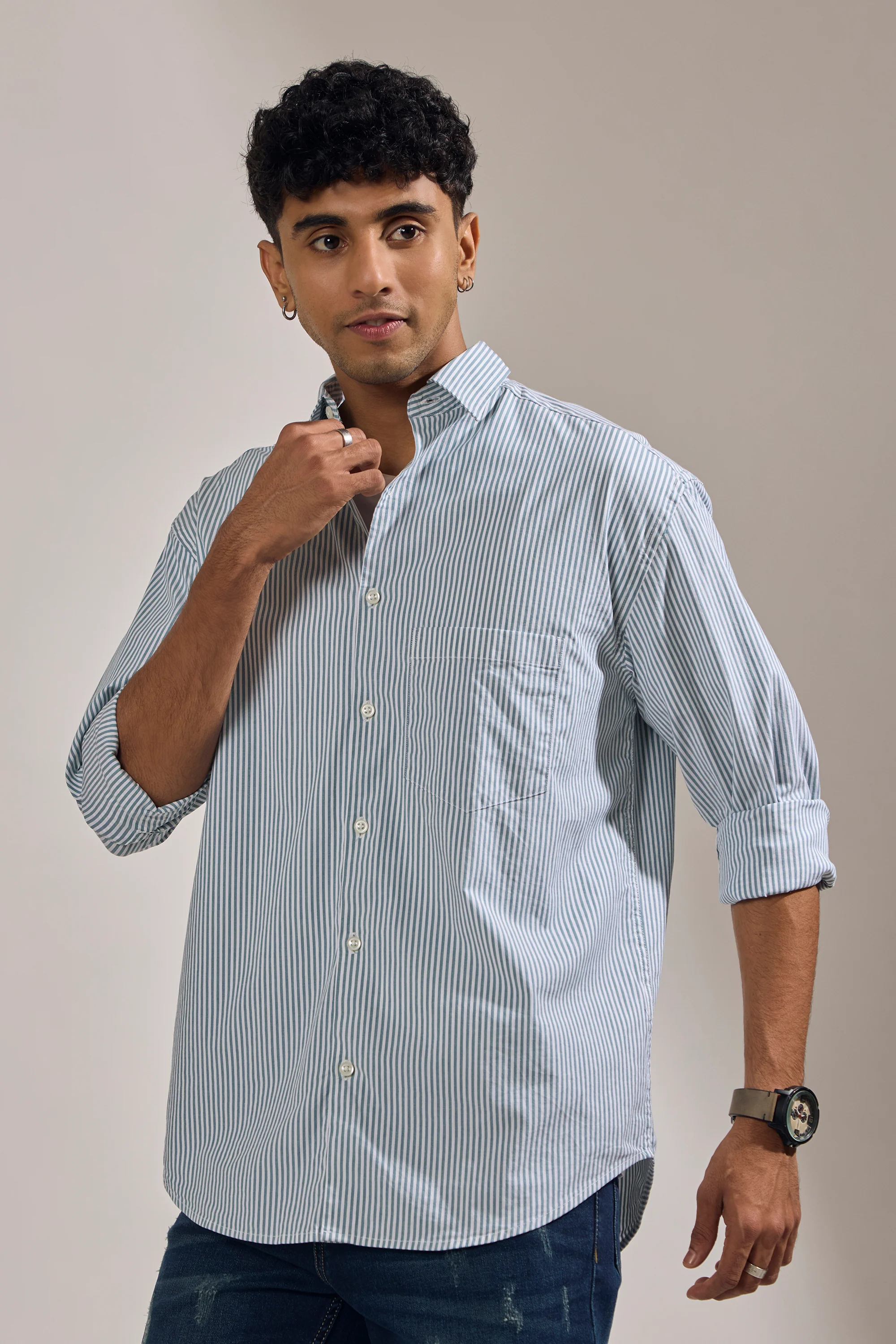 Lisandra - Oversize Striped Shirt- Cement Green - Image 4