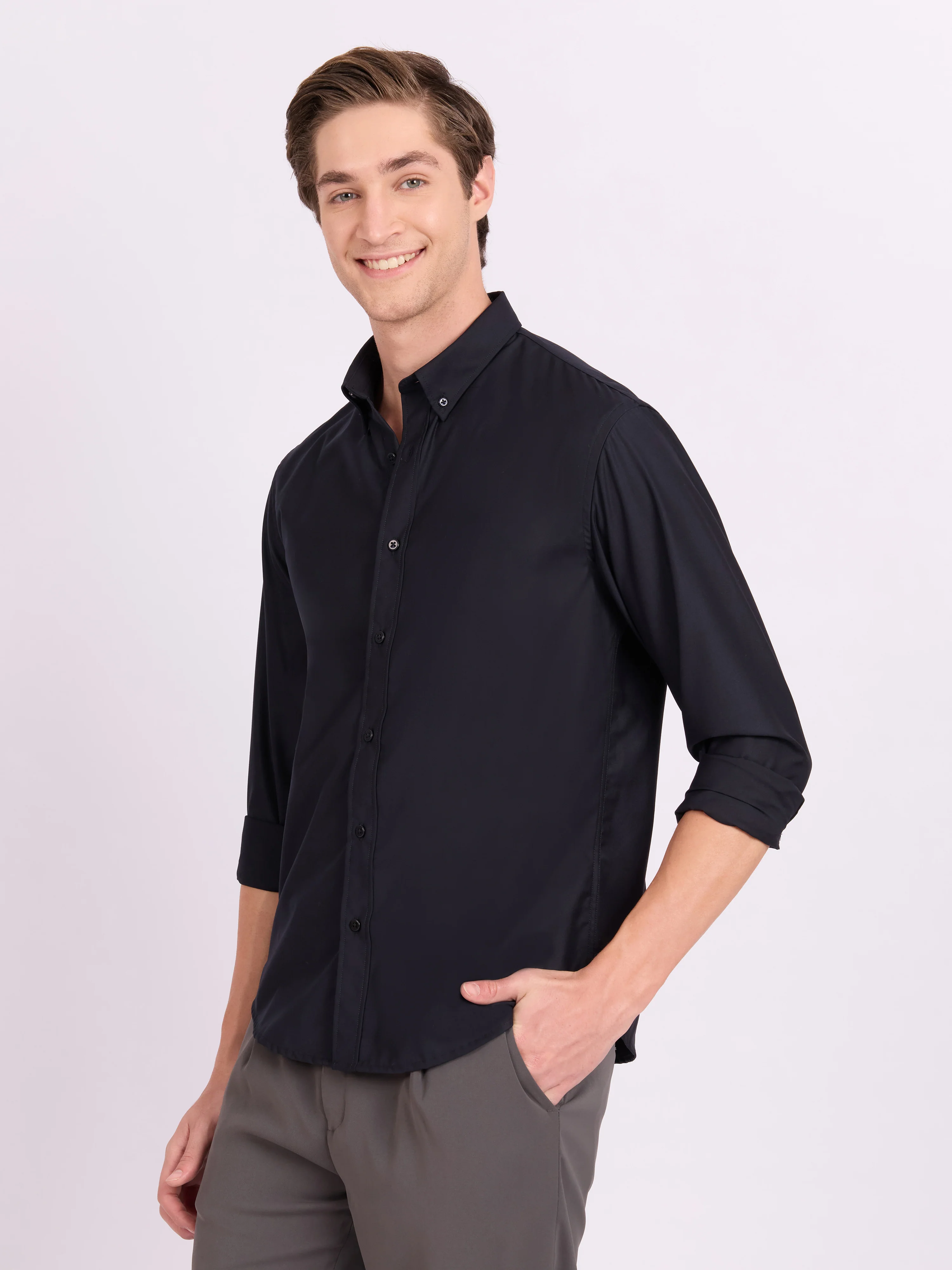 Lololo - Relaxed Fit Plain Shirt - Navy Blue - Image 5