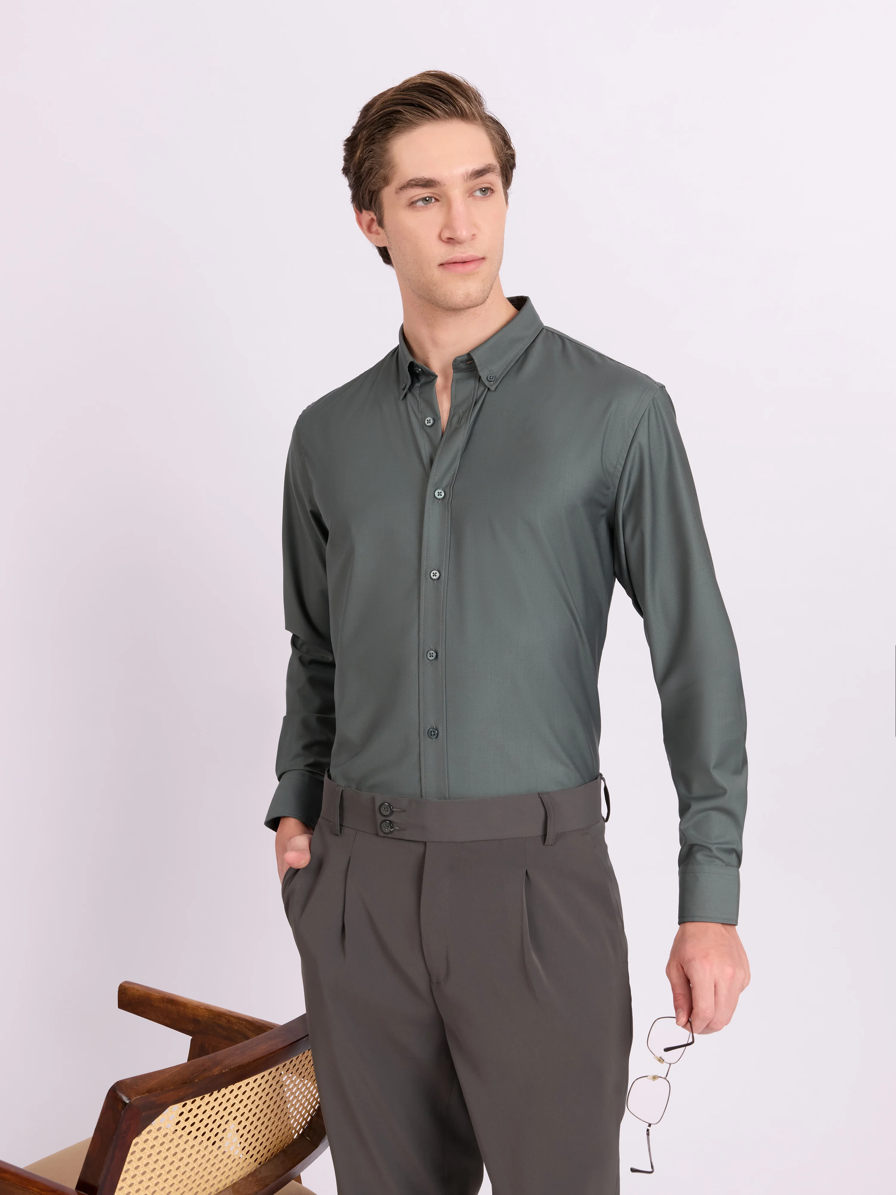 Lololo - Relaxed Fit Plain Shirt - Silver Pine