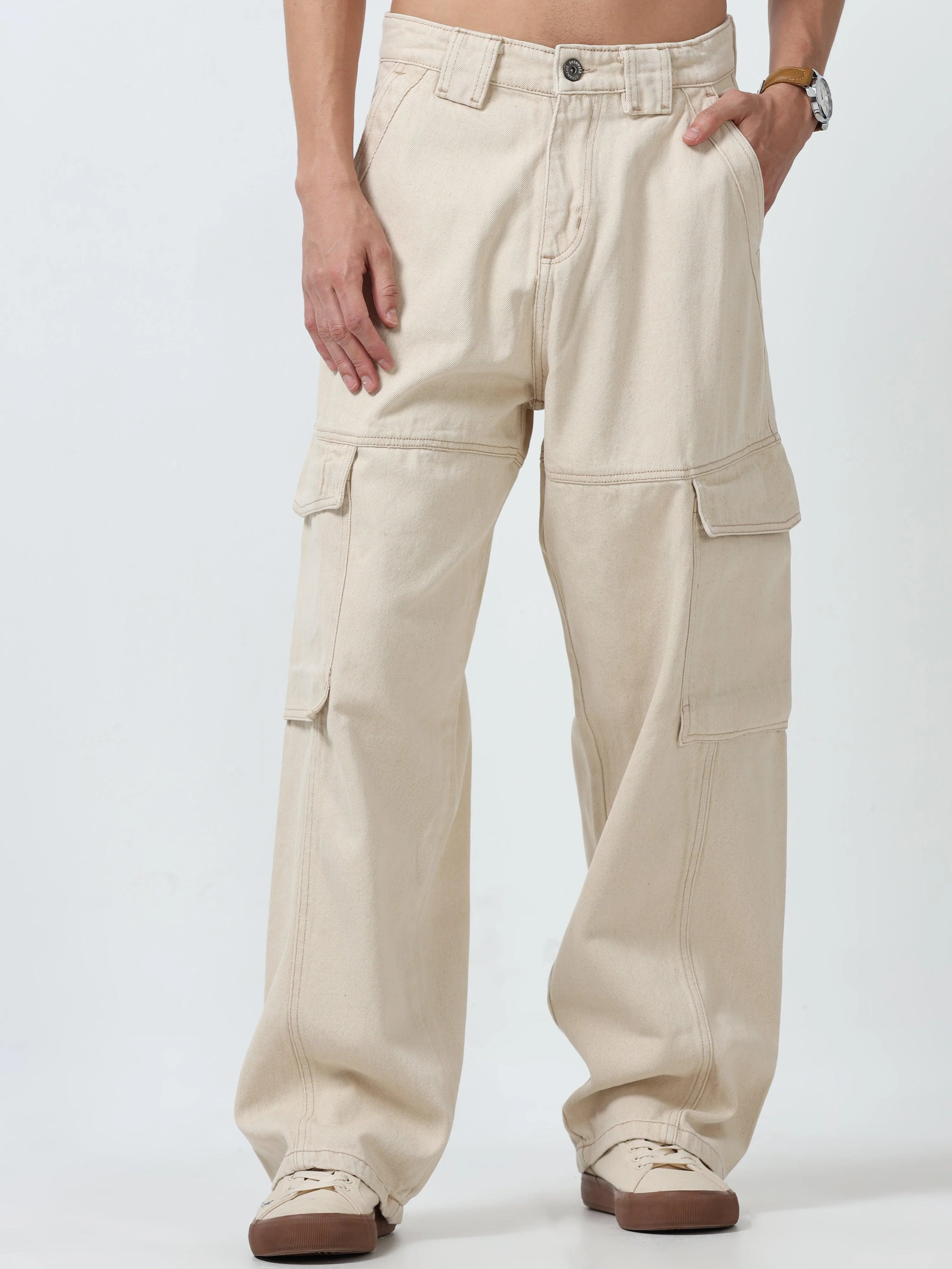 Maverick - Baggy Cargo Jeans - Cream - Image 3