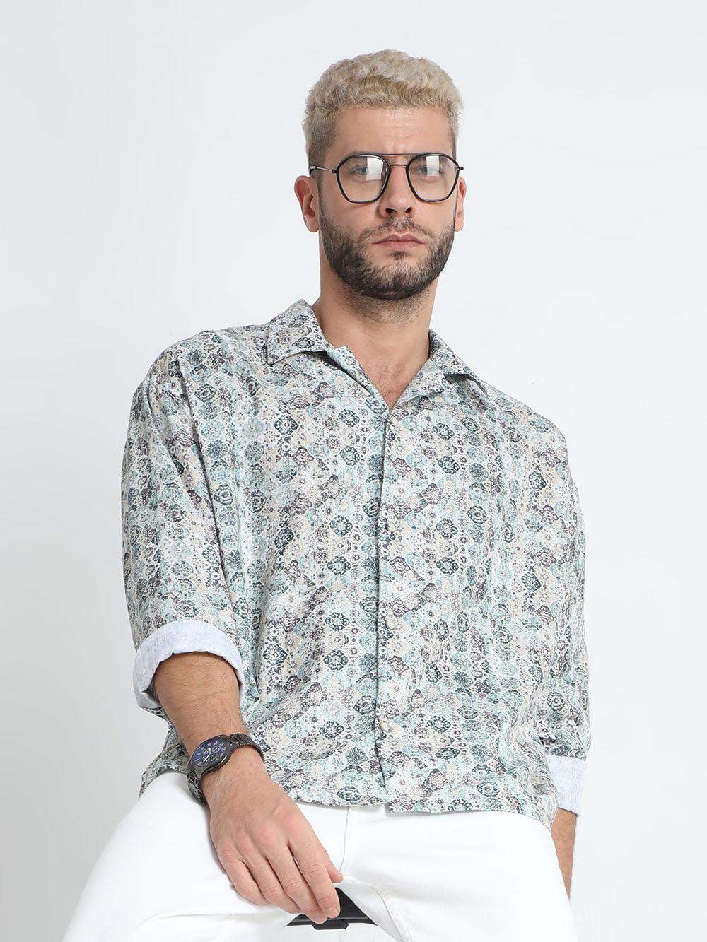 Men Oversized Cuban Collar Pale Slate Shirt - Image 5