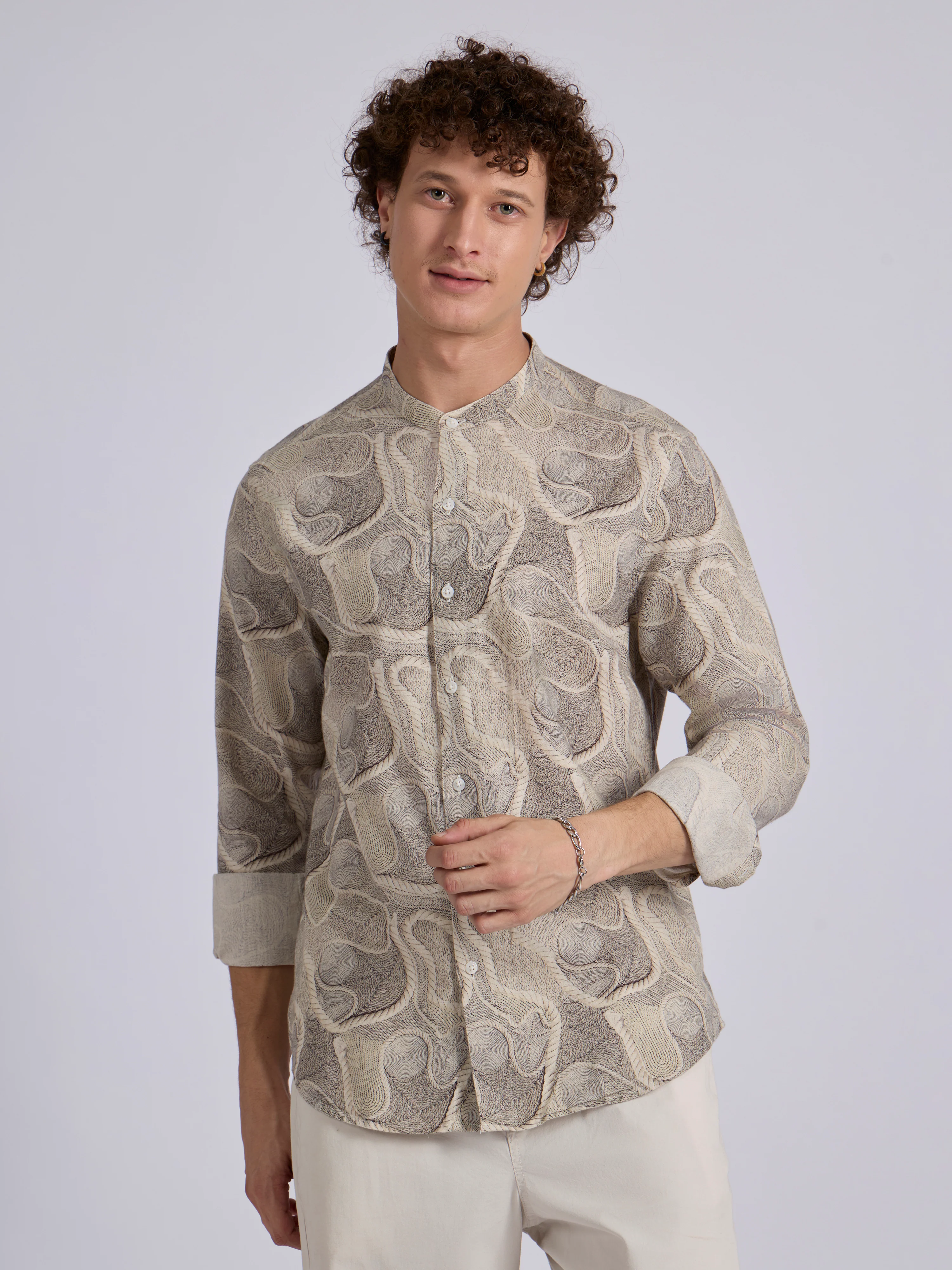 Moritz - Band Collar Printed Shirt - Beige - Image 2