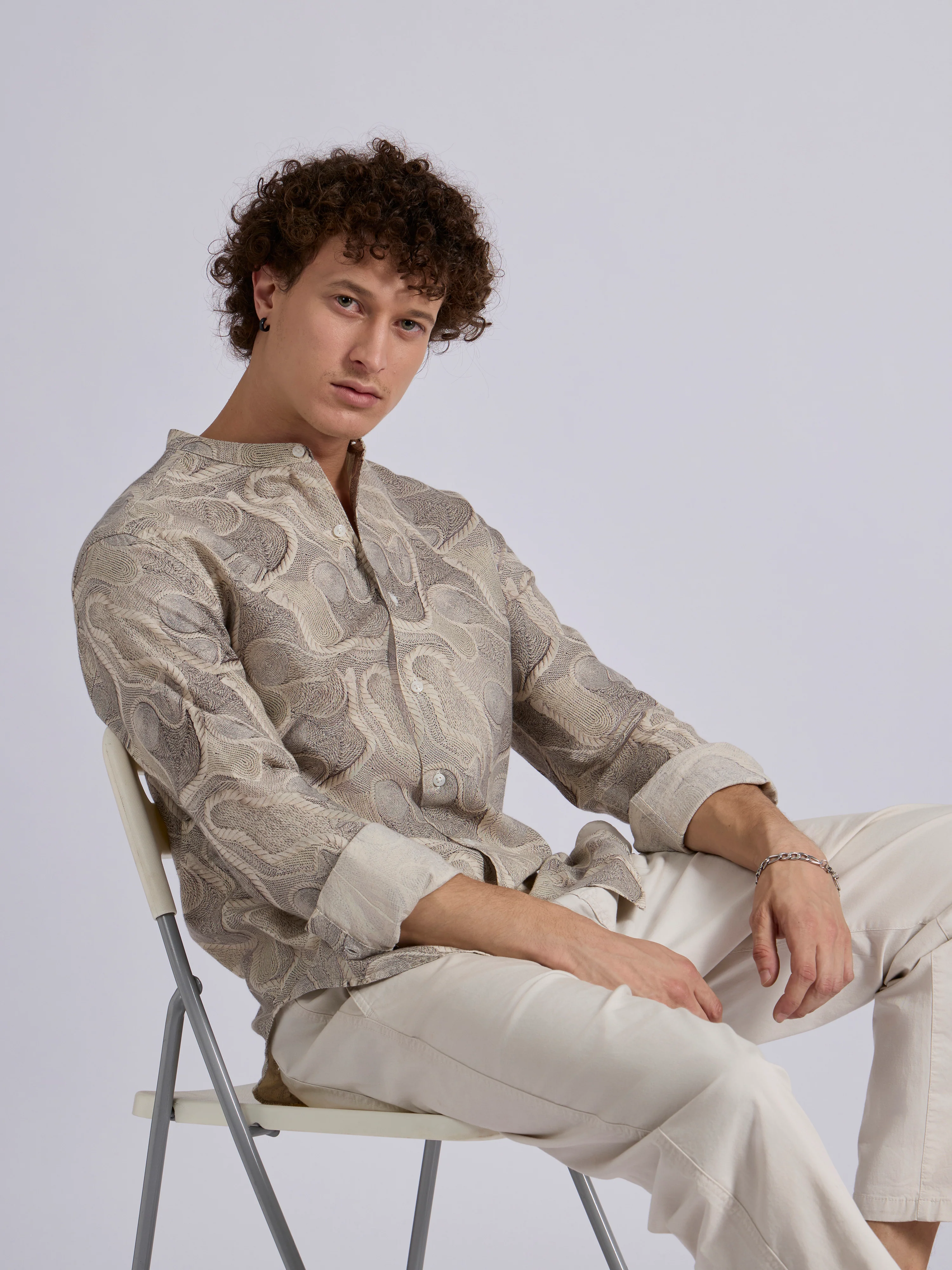 Moritz - Band Collar Printed Shirt - Beige - Image 6