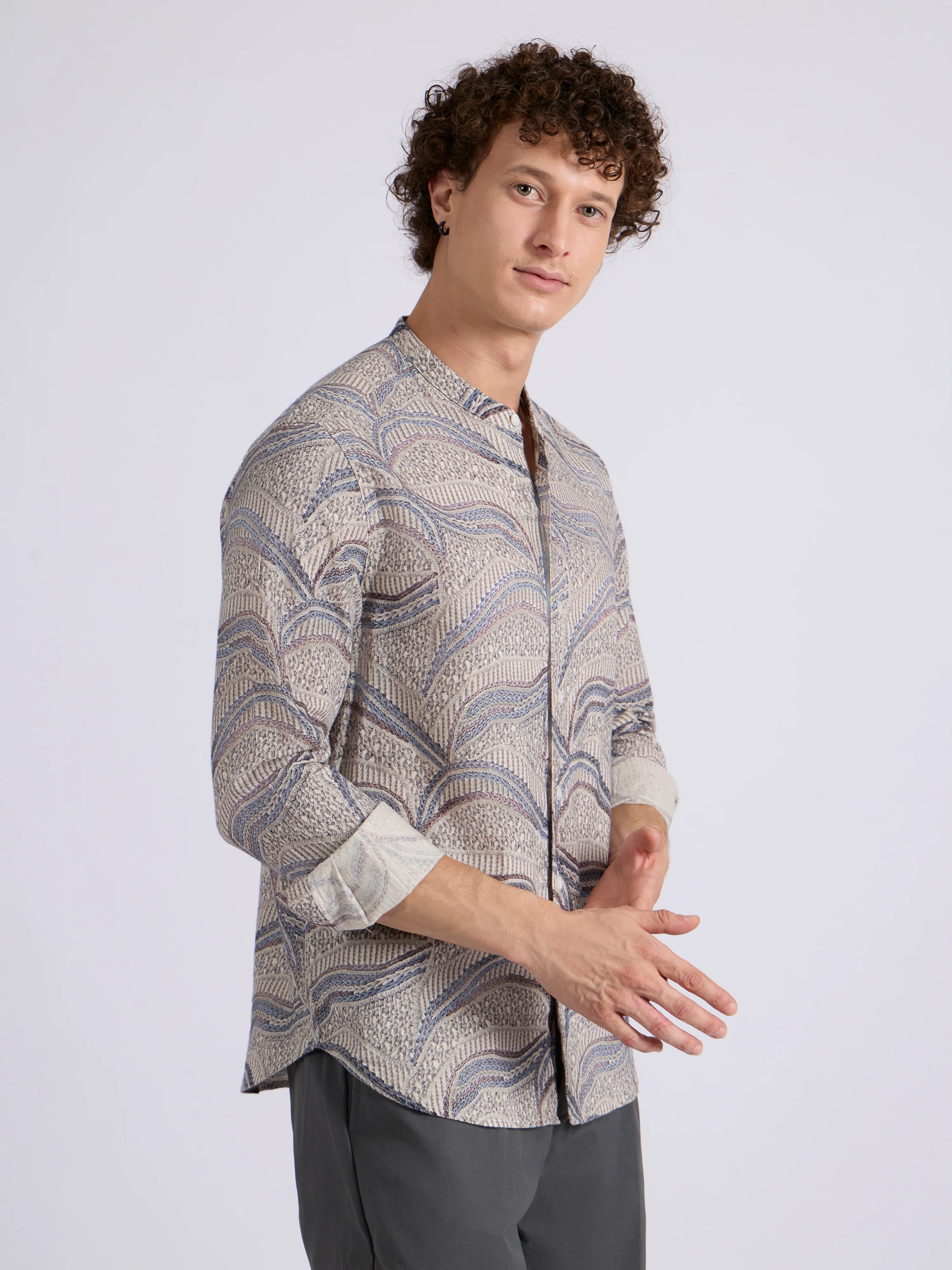 Moritz - Band Collar Printed Shirt - Blue