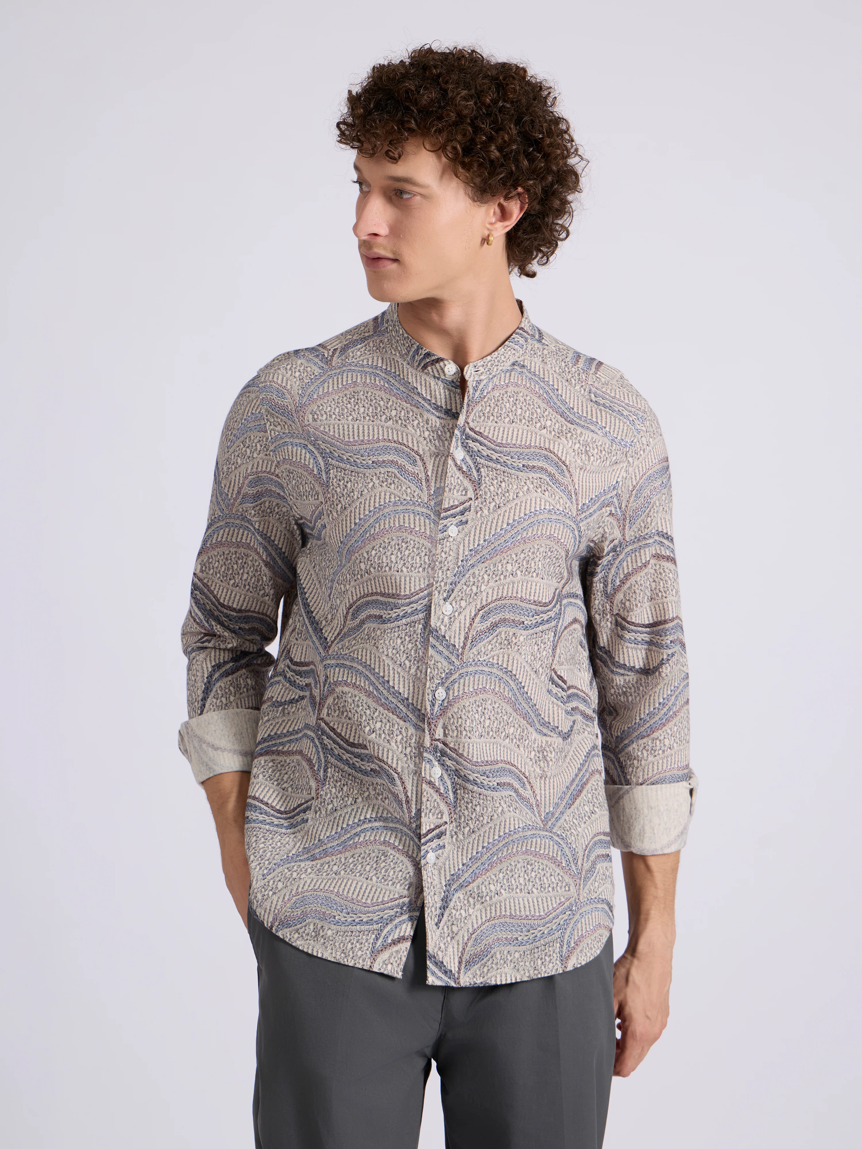 Moritz - Band Collar Printed Shirt - Blue - Image 2