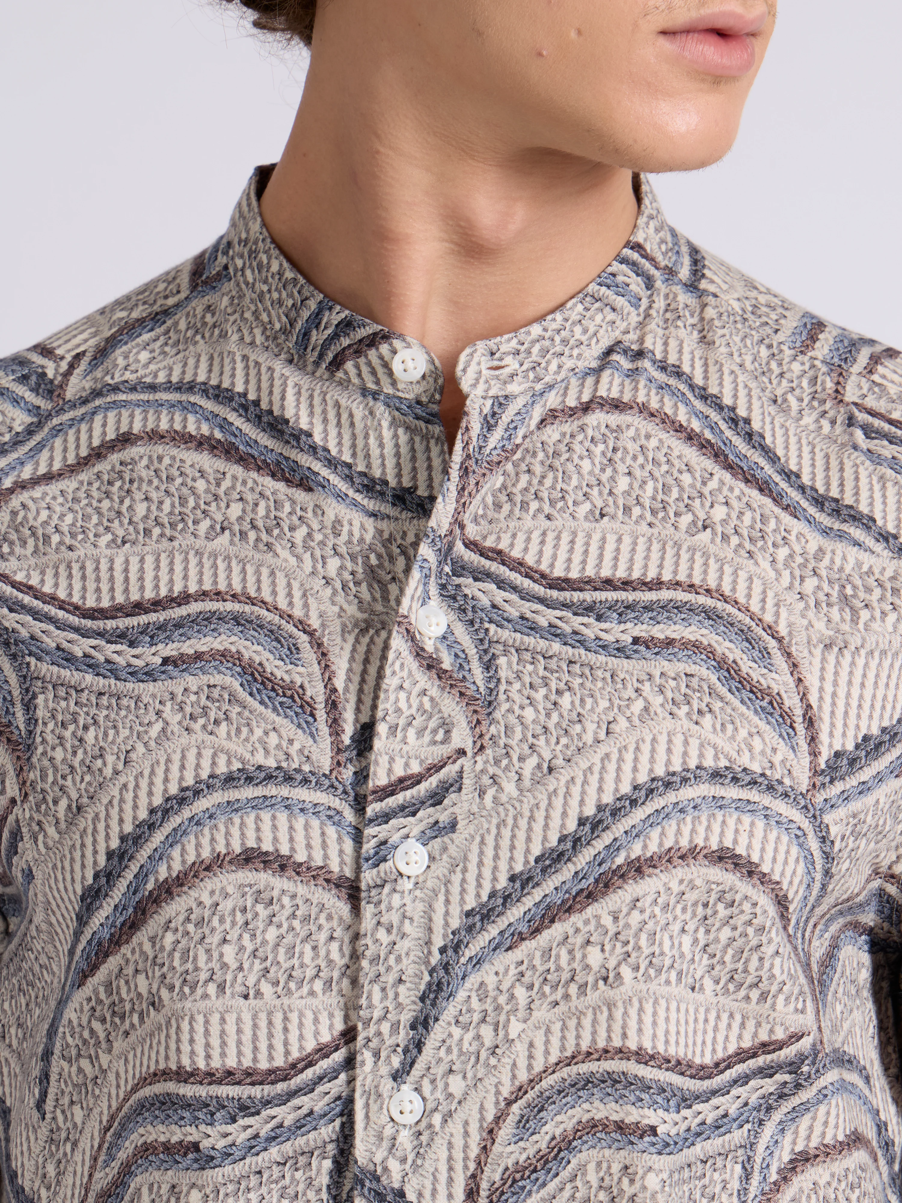 Moritz - Band Collar Printed Shirt - Blue - Image 3
