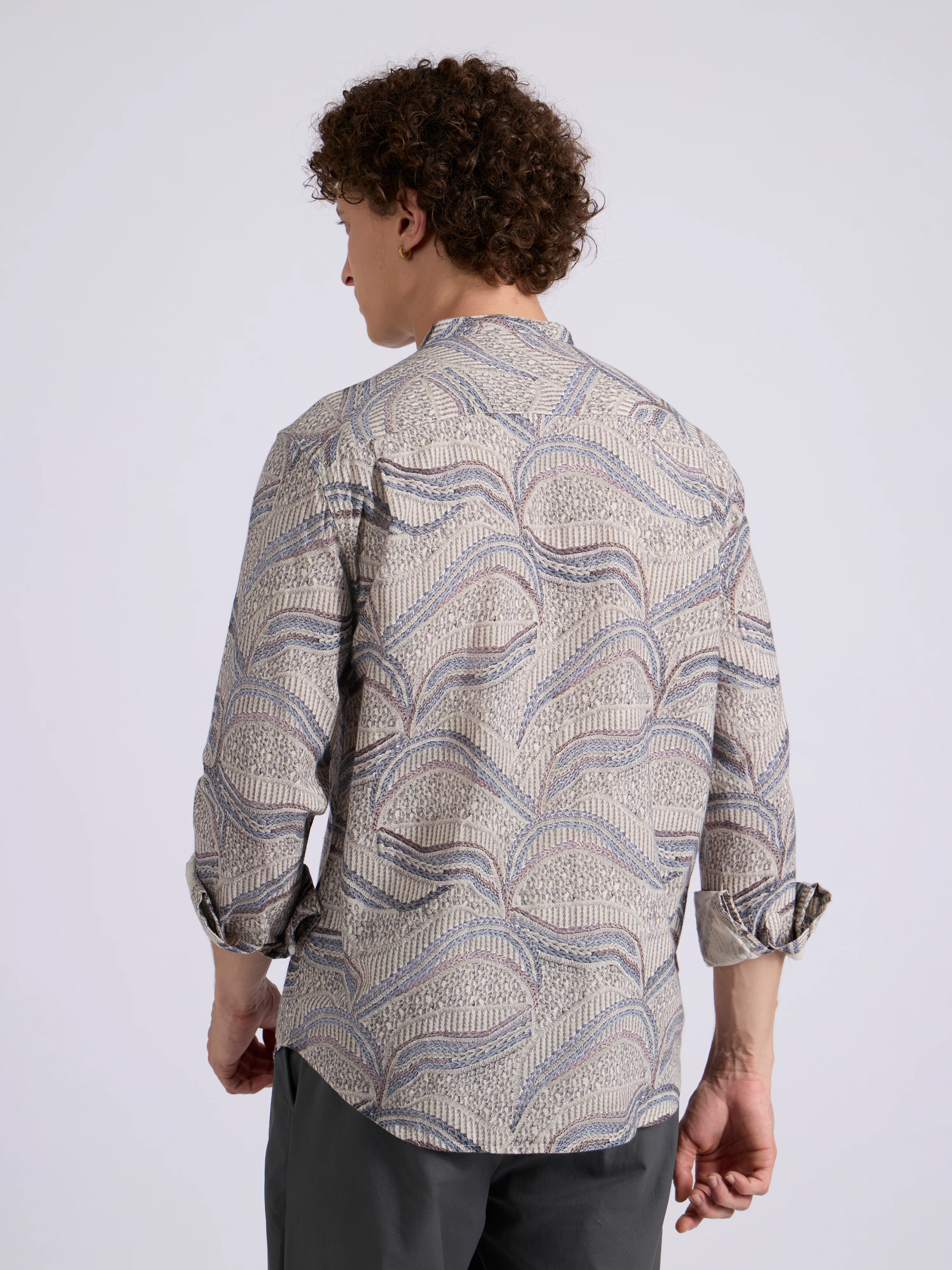 Moritz - Band Collar Printed Shirt - Blue - Image 4