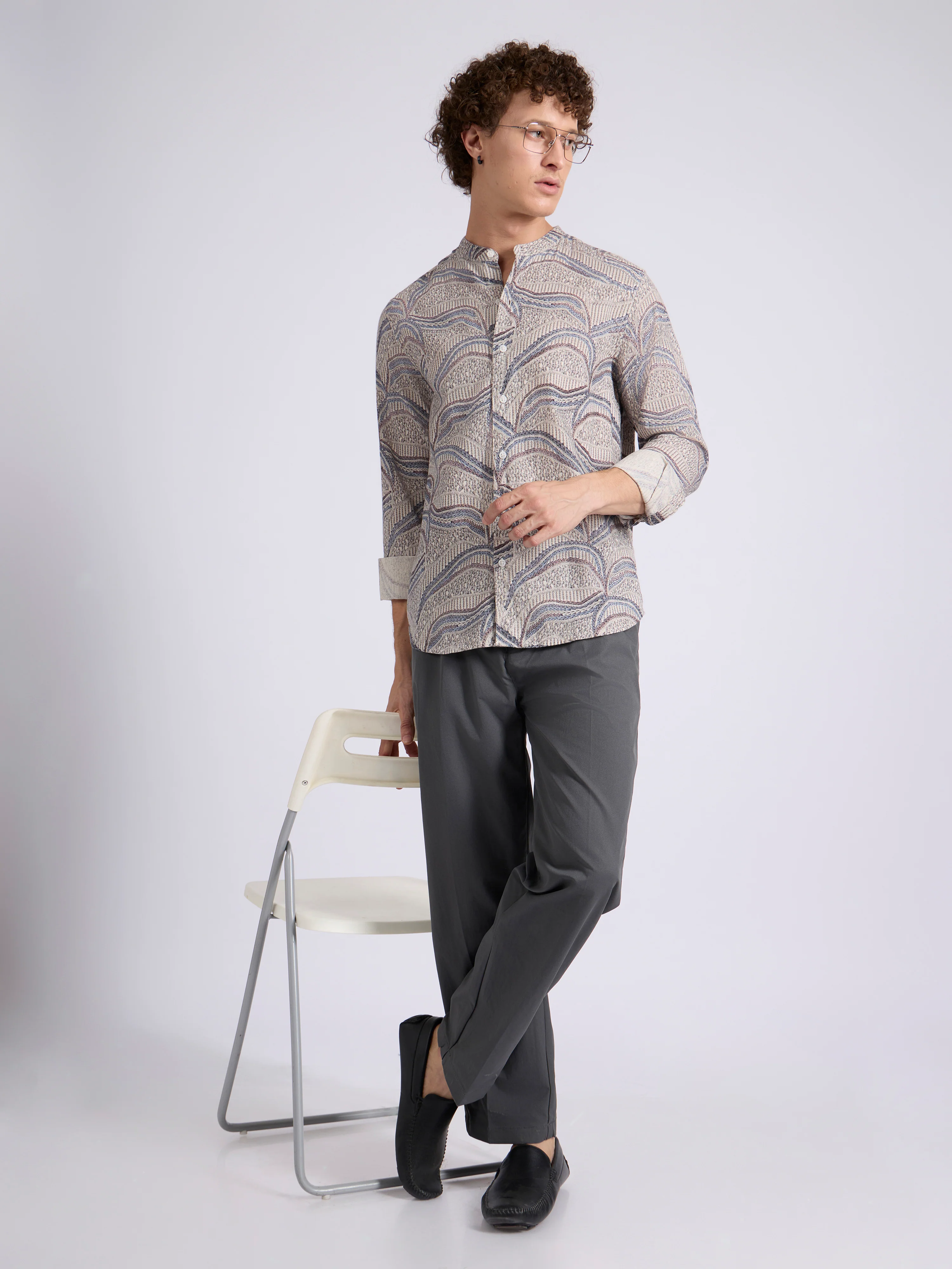 Moritz - Band Collar Printed Shirt - Blue - Image 5