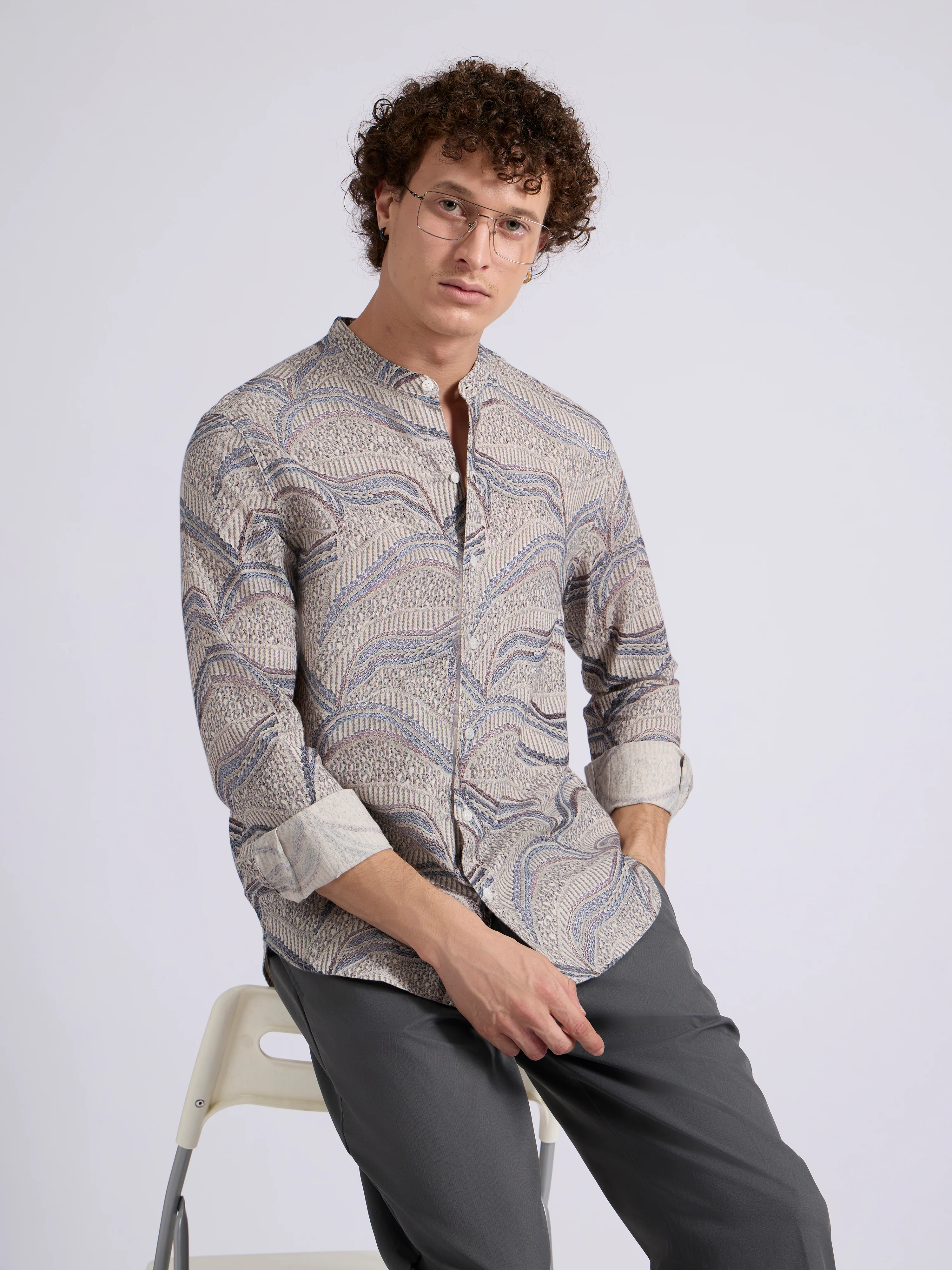 Moritz - Band Collar Printed Shirt - Blue - Image 6