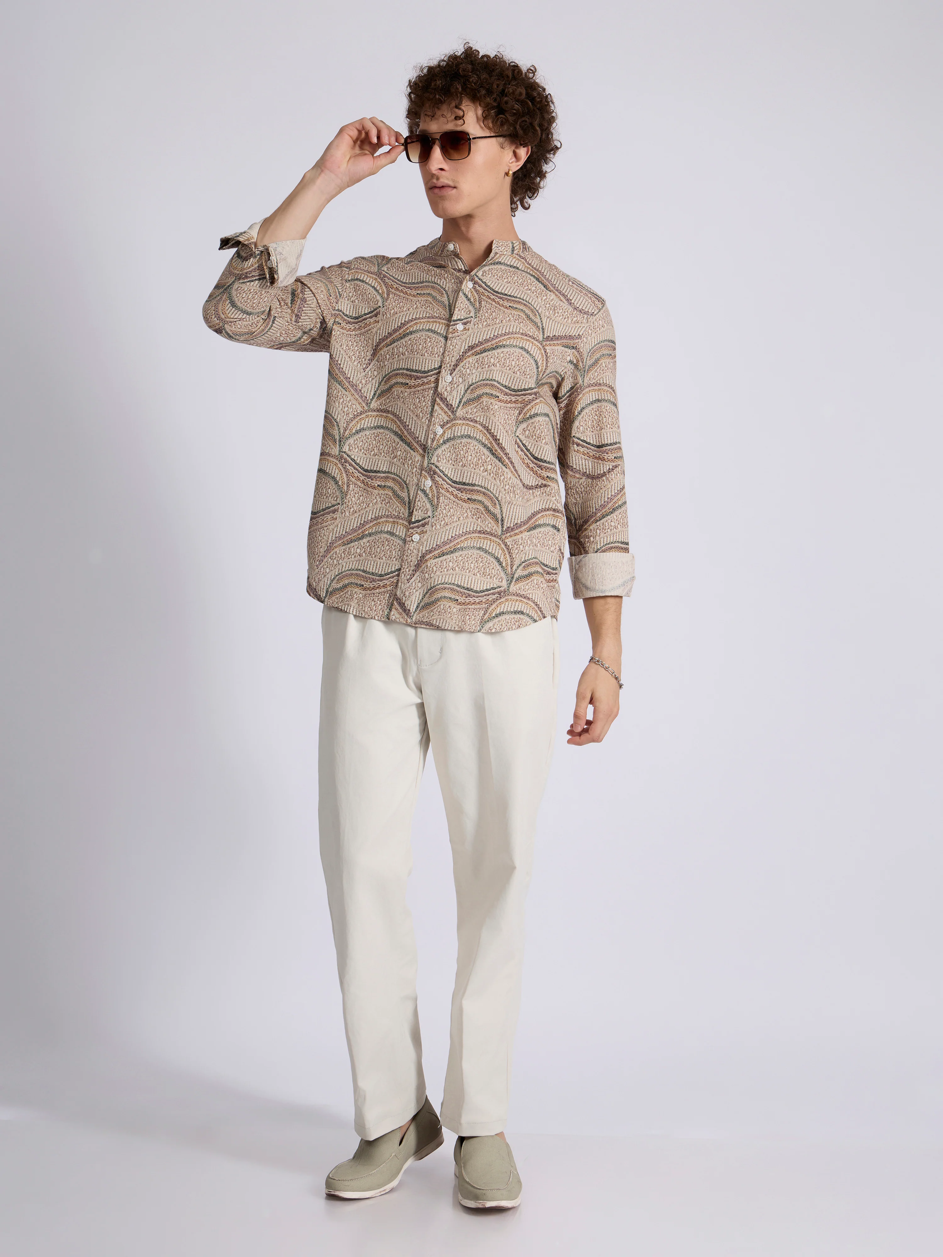 Moritz - Band Collar Printed Shirt - Forest Green - Image 2