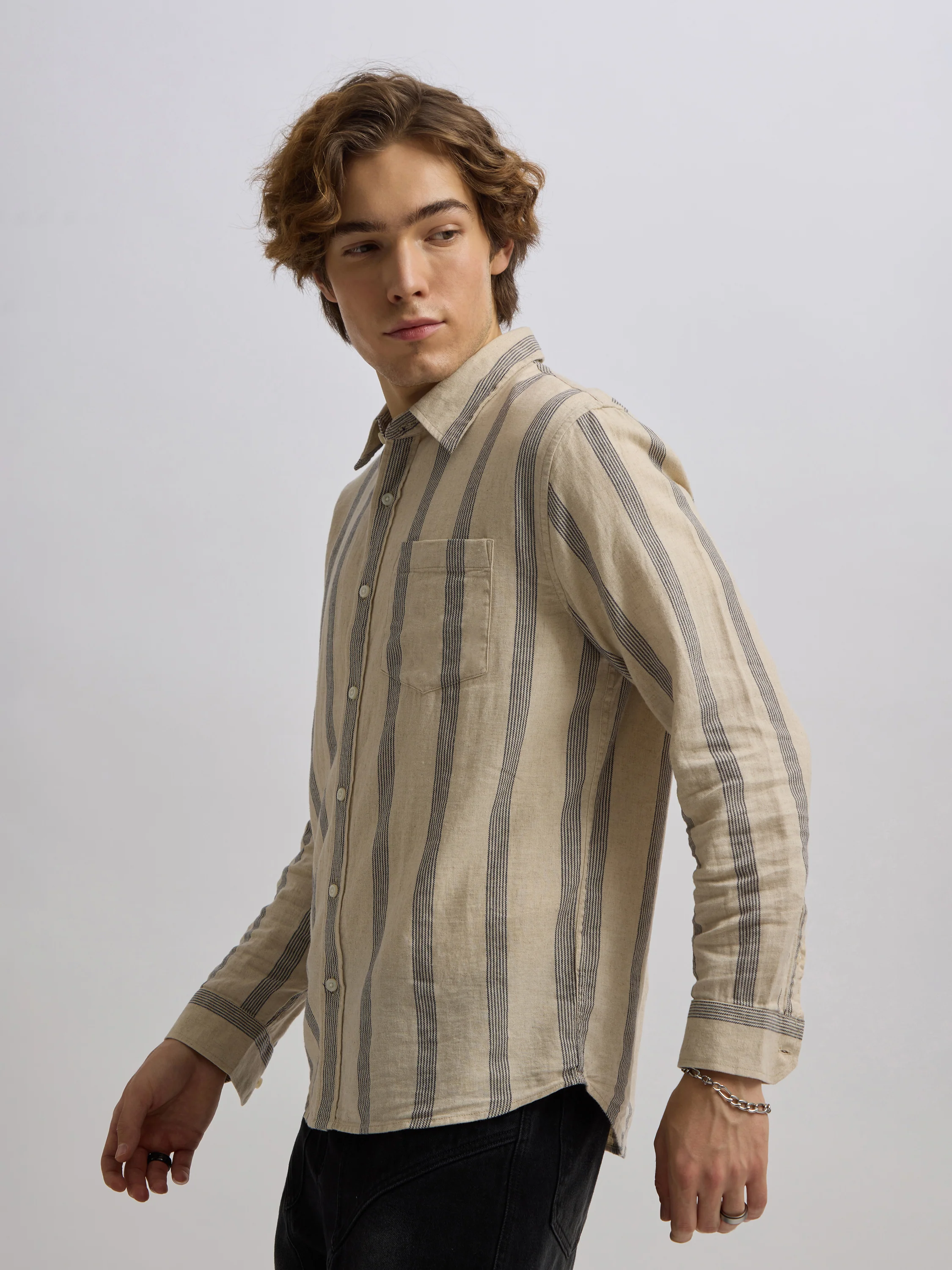 Mosty - Regular fit striped shirt - Beige Black - Image 5