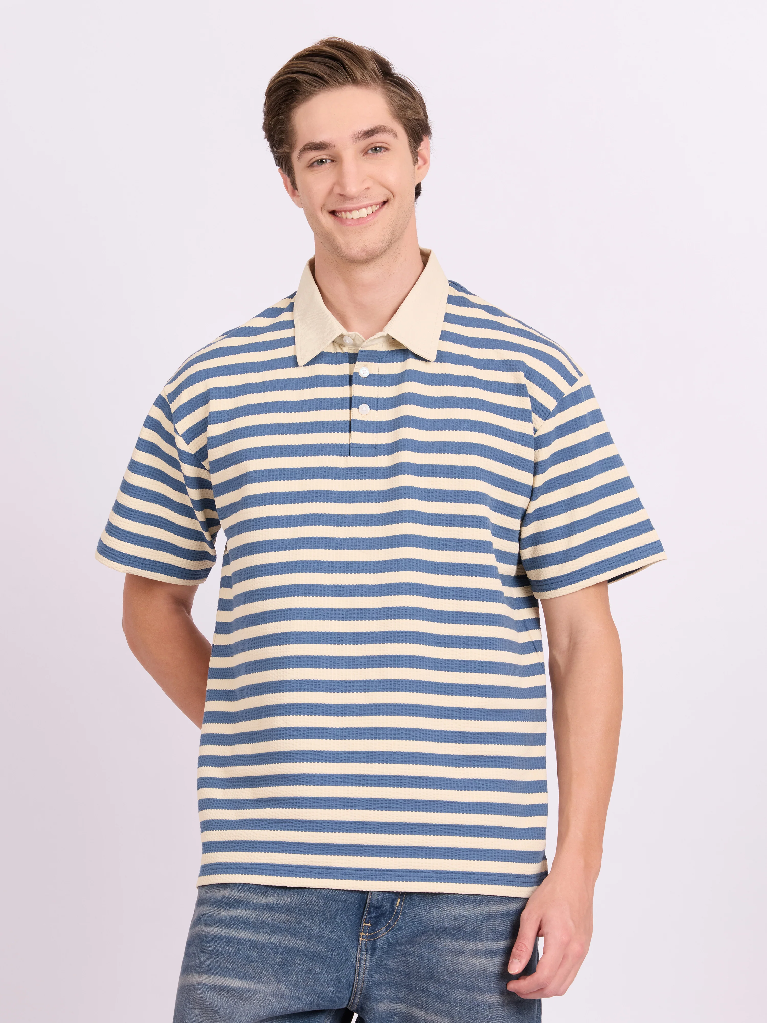 Neliis-1 - Textured Stripe Polo T-Shirt – Blue - Image 4