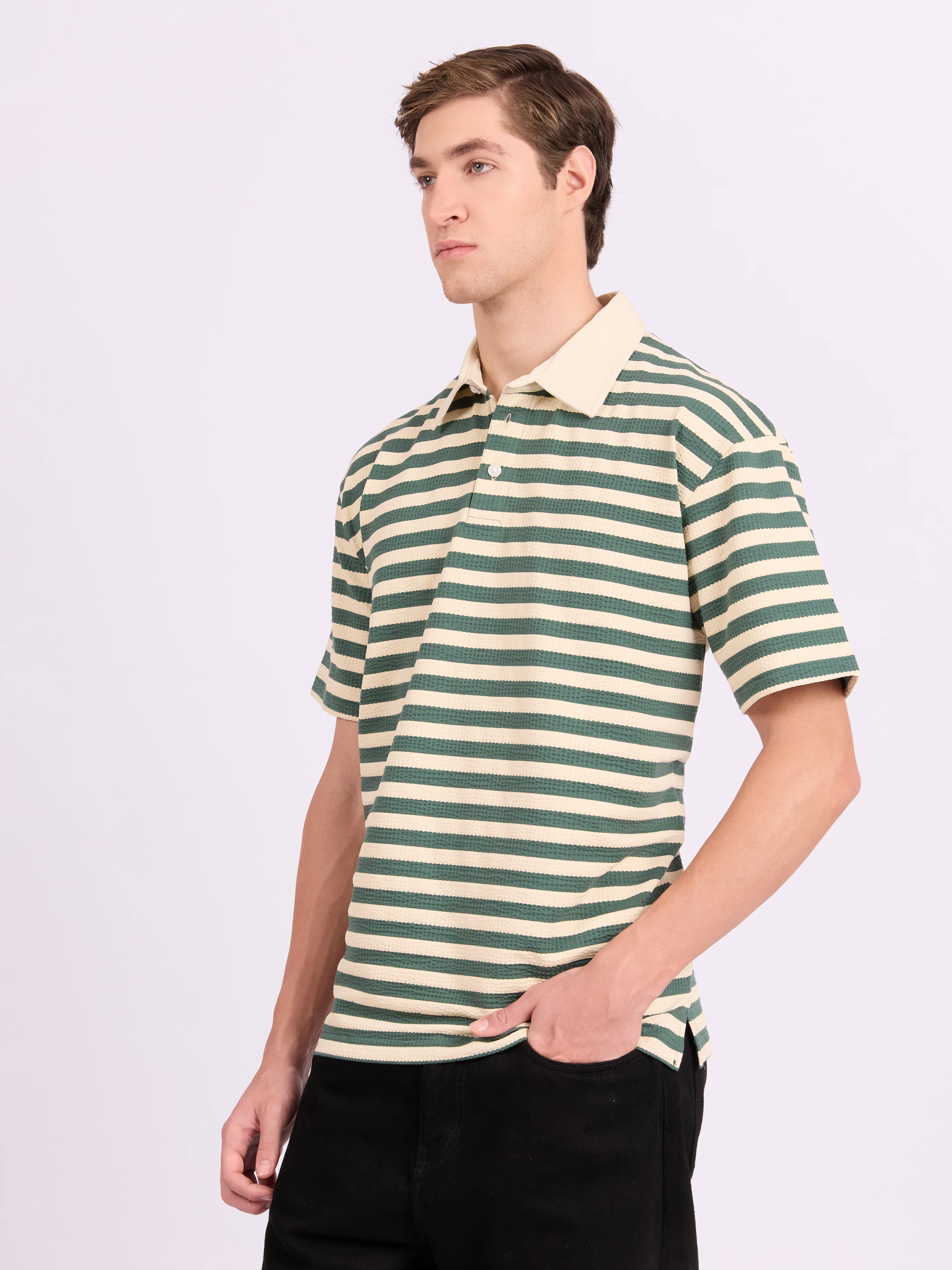 Neliis-1 - Textured Stripe Polo T-Shirt – Green - Image 5