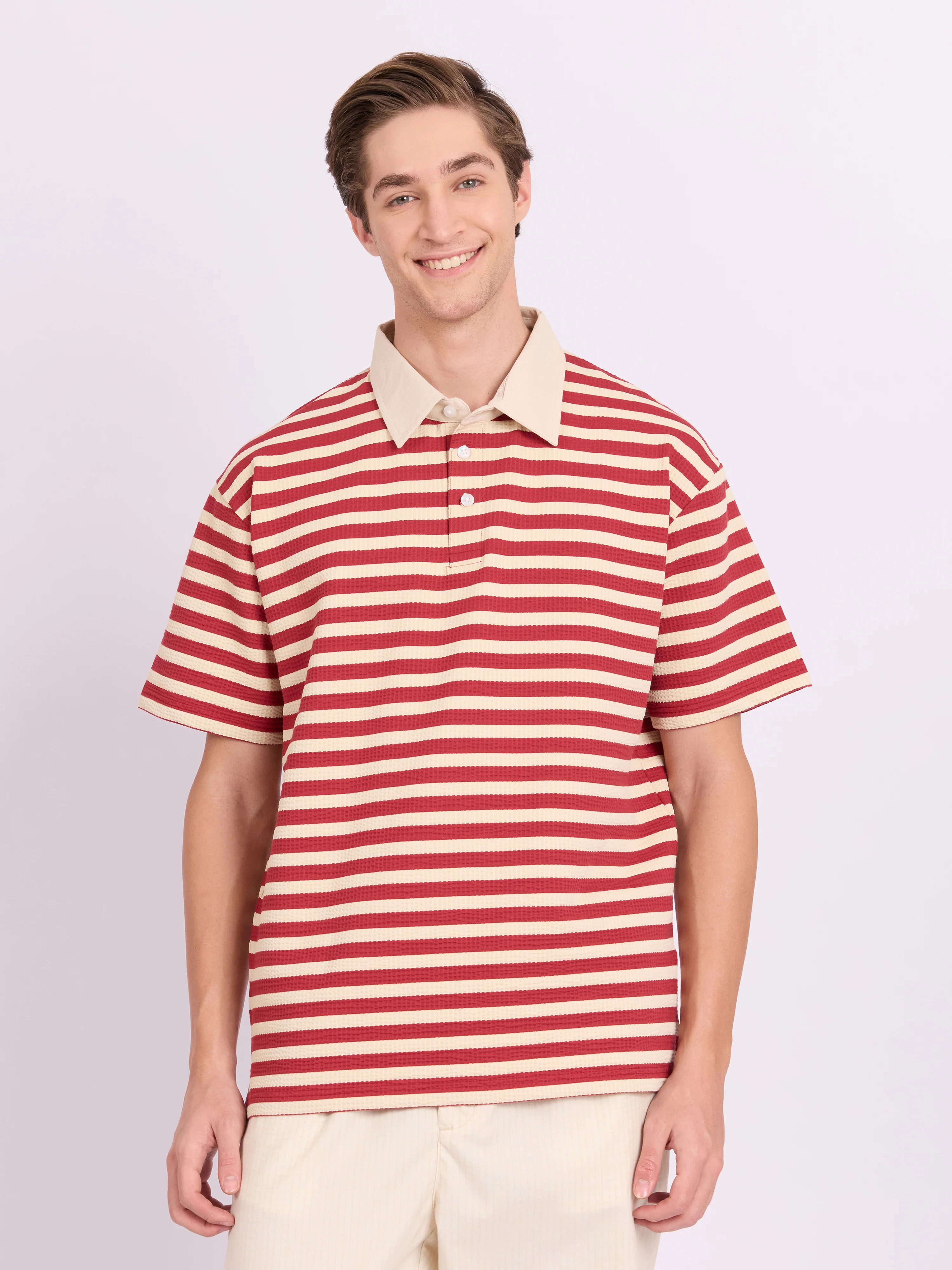 Neliis-1 - Textured Stripe Polo T-Shirt – Red - Image 2
