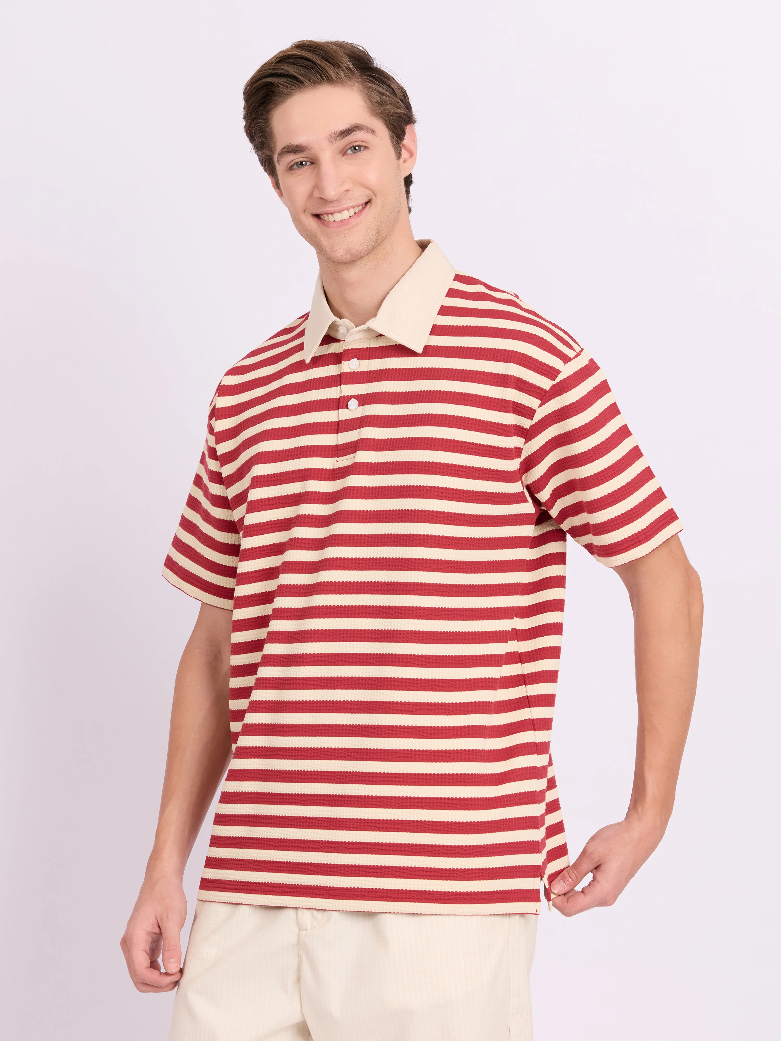 Neliis-1 - Textured Stripe Polo T-Shirt – Red - Image 5