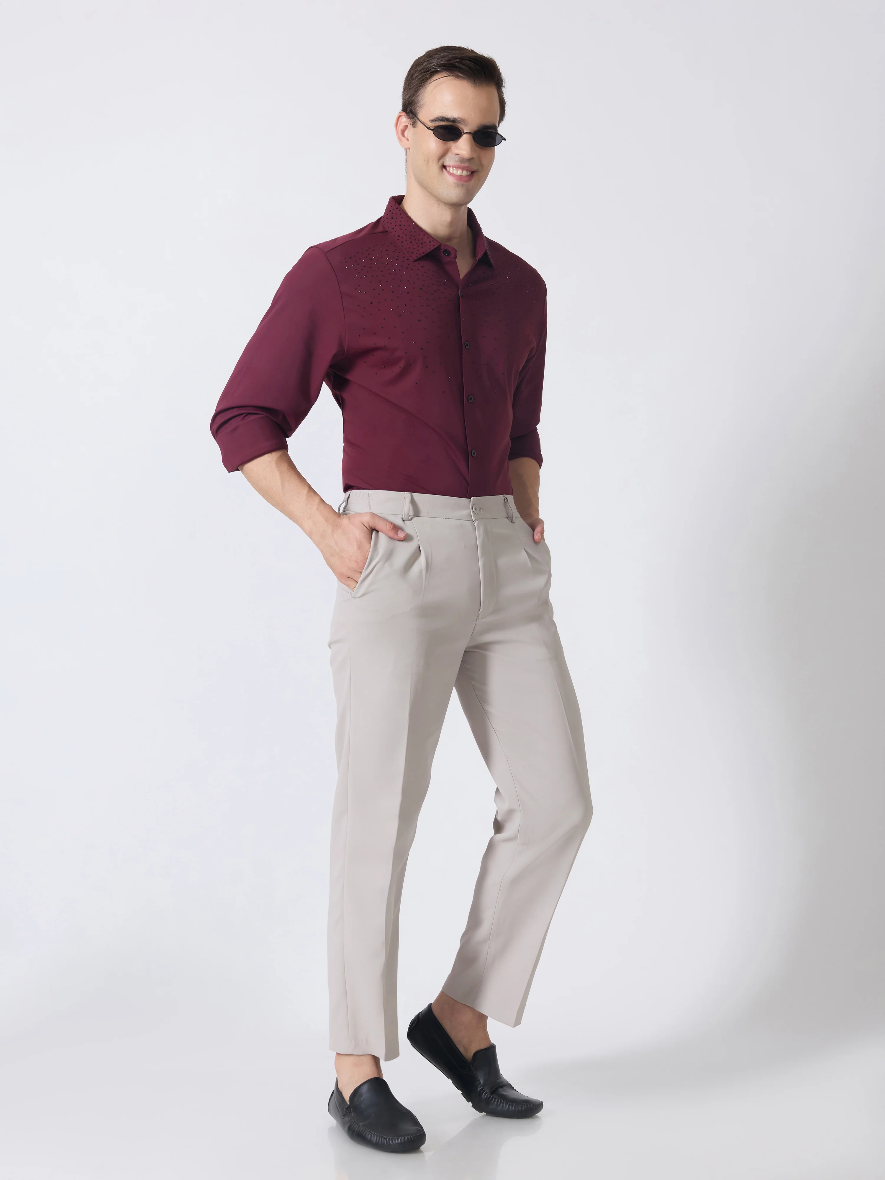 Nemo-1 - Stone Embellished Shirt - Maroon - Image 2
