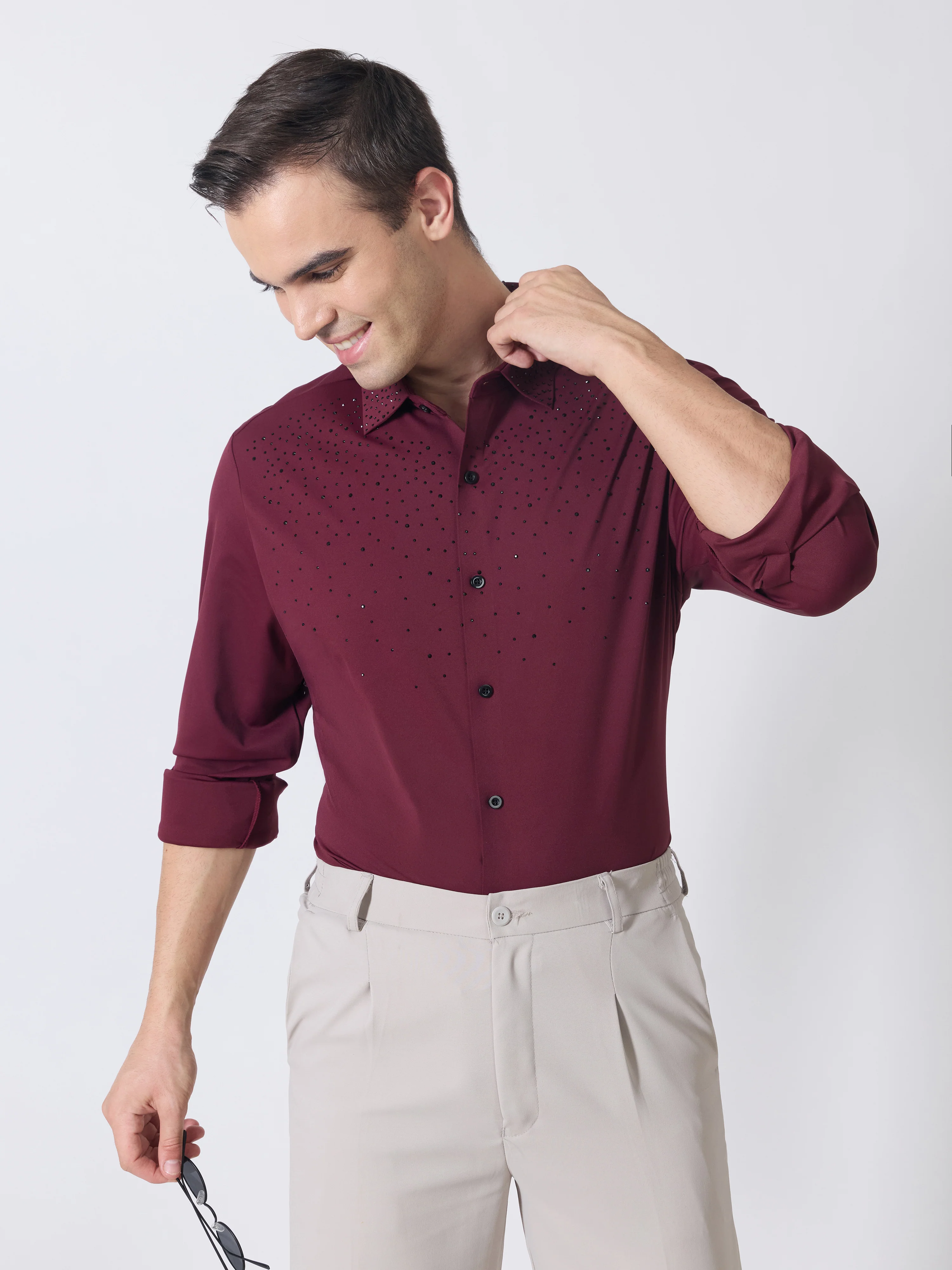 Nemo-1 - Stone Embellished Shirt - Maroon - Image 4