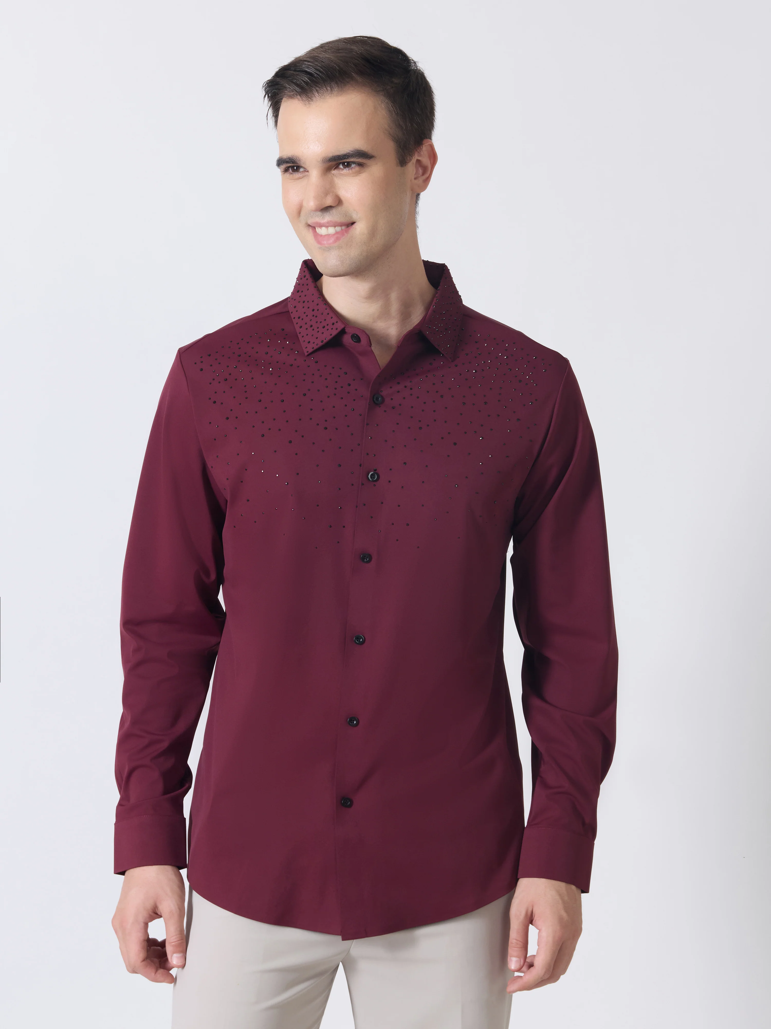 Nemo-1 - Stone Embellished Shirt - Maroon - Image 5