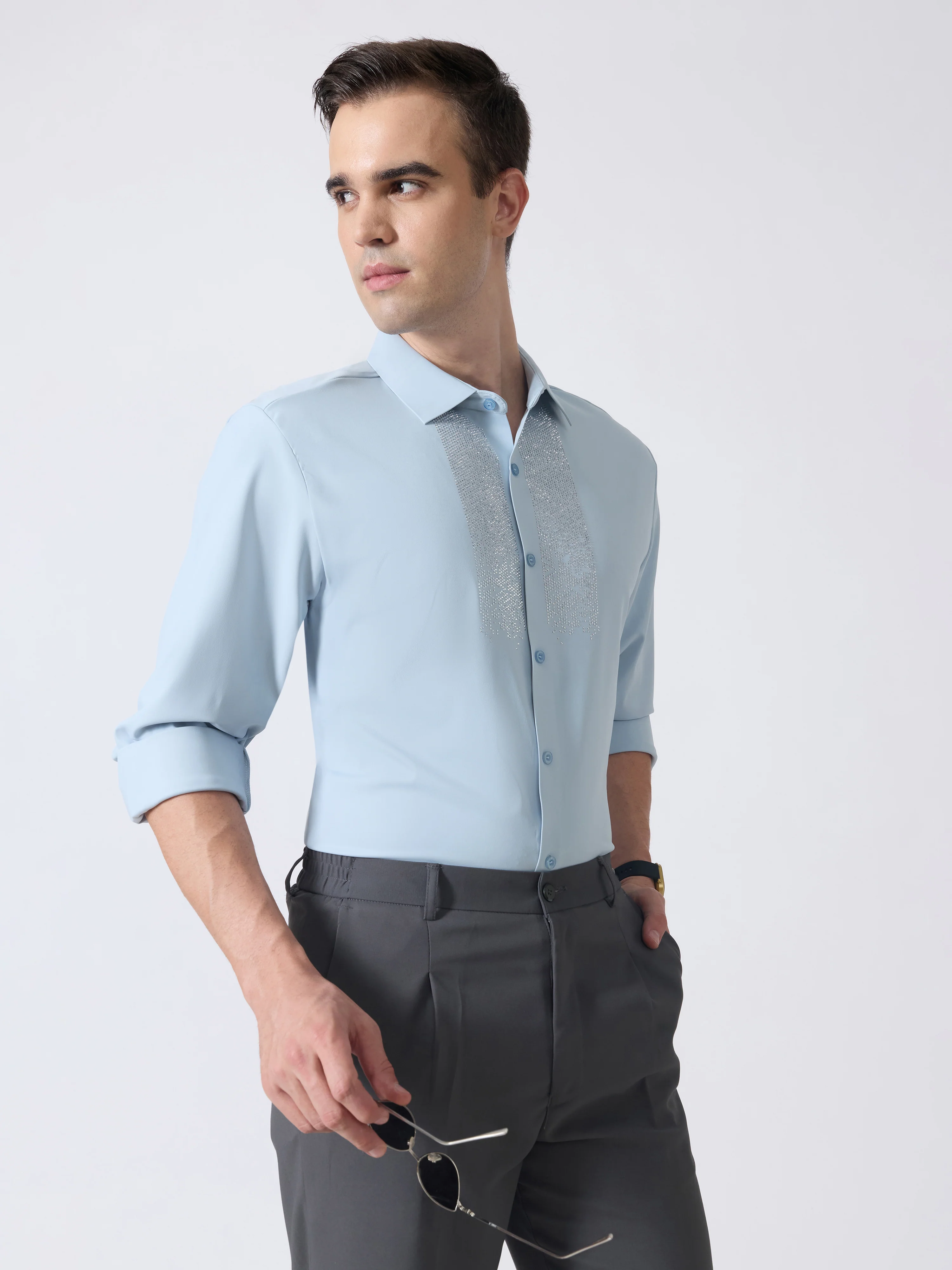 Nemo-10 - Stone Embellished Shirt - Light Blue